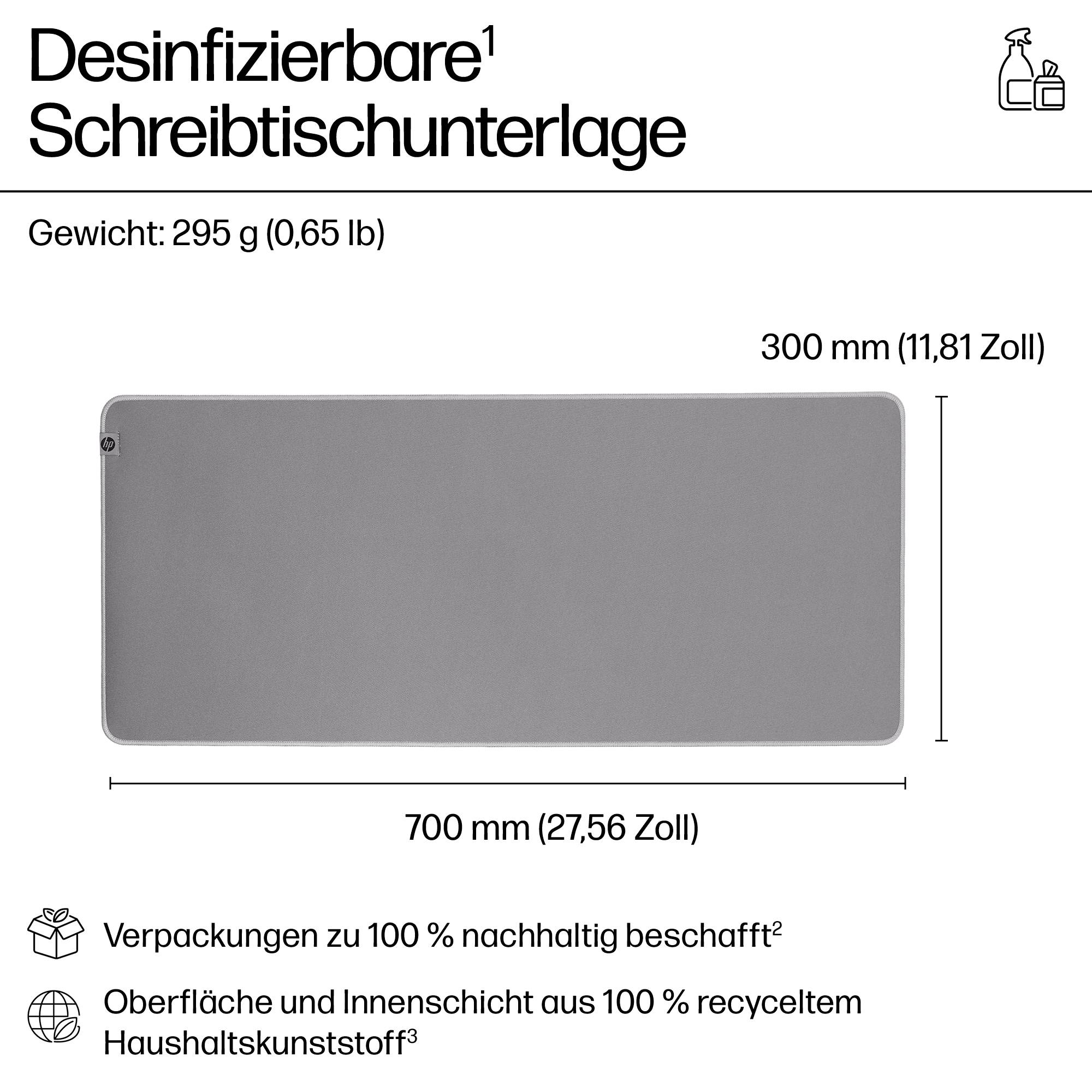 Desinfizierbare Schreibtischunterlage, Gewicht: 295 g. Größe: 300 x 700 mm. Verpackung nachhaltig, Oberflächen aus recyceltem Kunststoff.