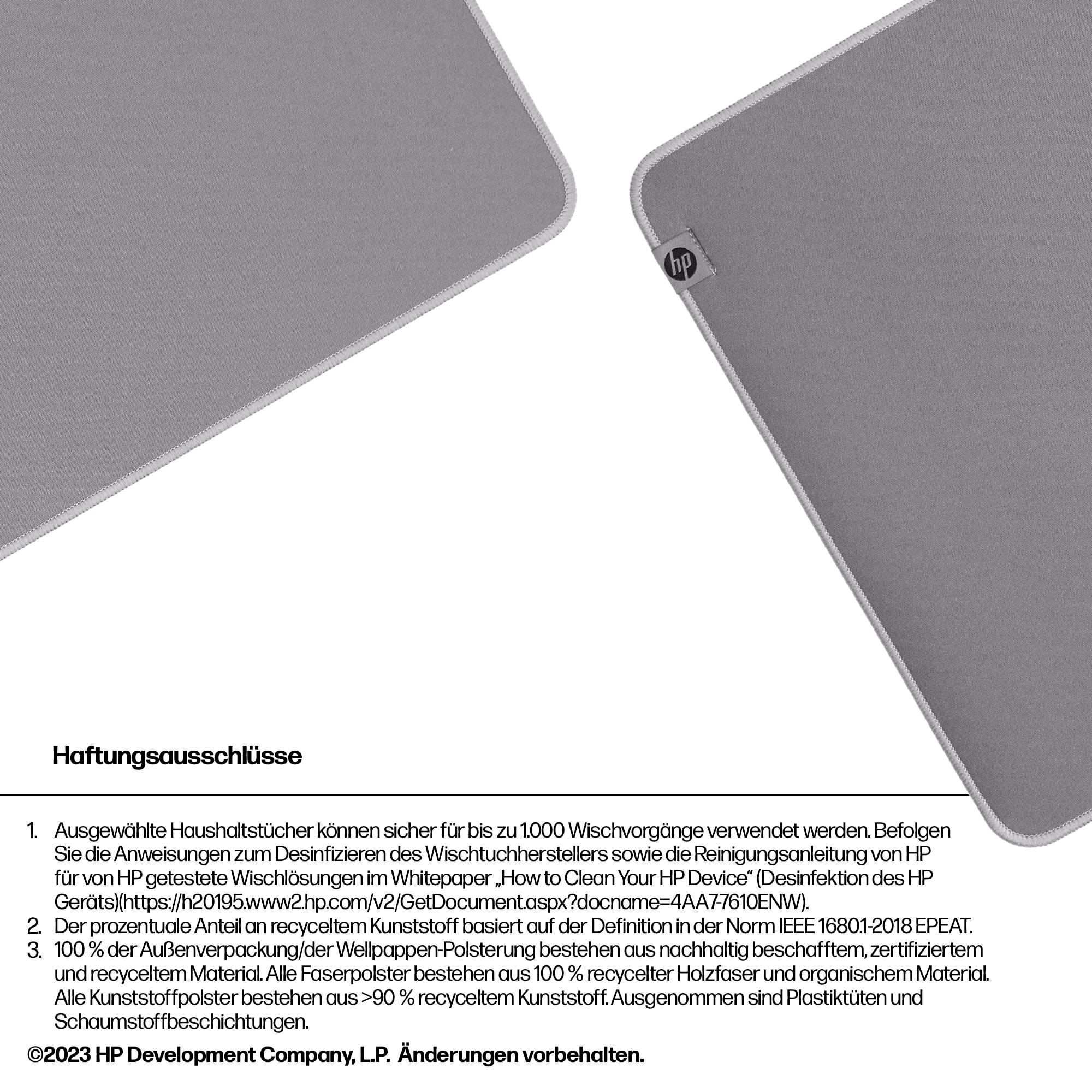 Graue Rückseite eines elektronischen Geräts mit entspiegelter Oberfläche und Herstellerhaftungsausschlüssen unten im Bild.