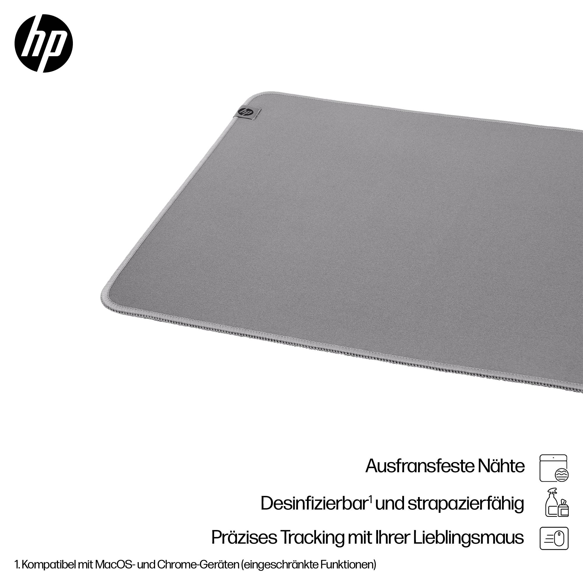 Eine graue HP-Mausunterlage mit verstärkten Nähten. Sie ist desinfizierbar und bietet präzises Tracking. Kompatibel mit MacOS- und Chrome-Geräten.