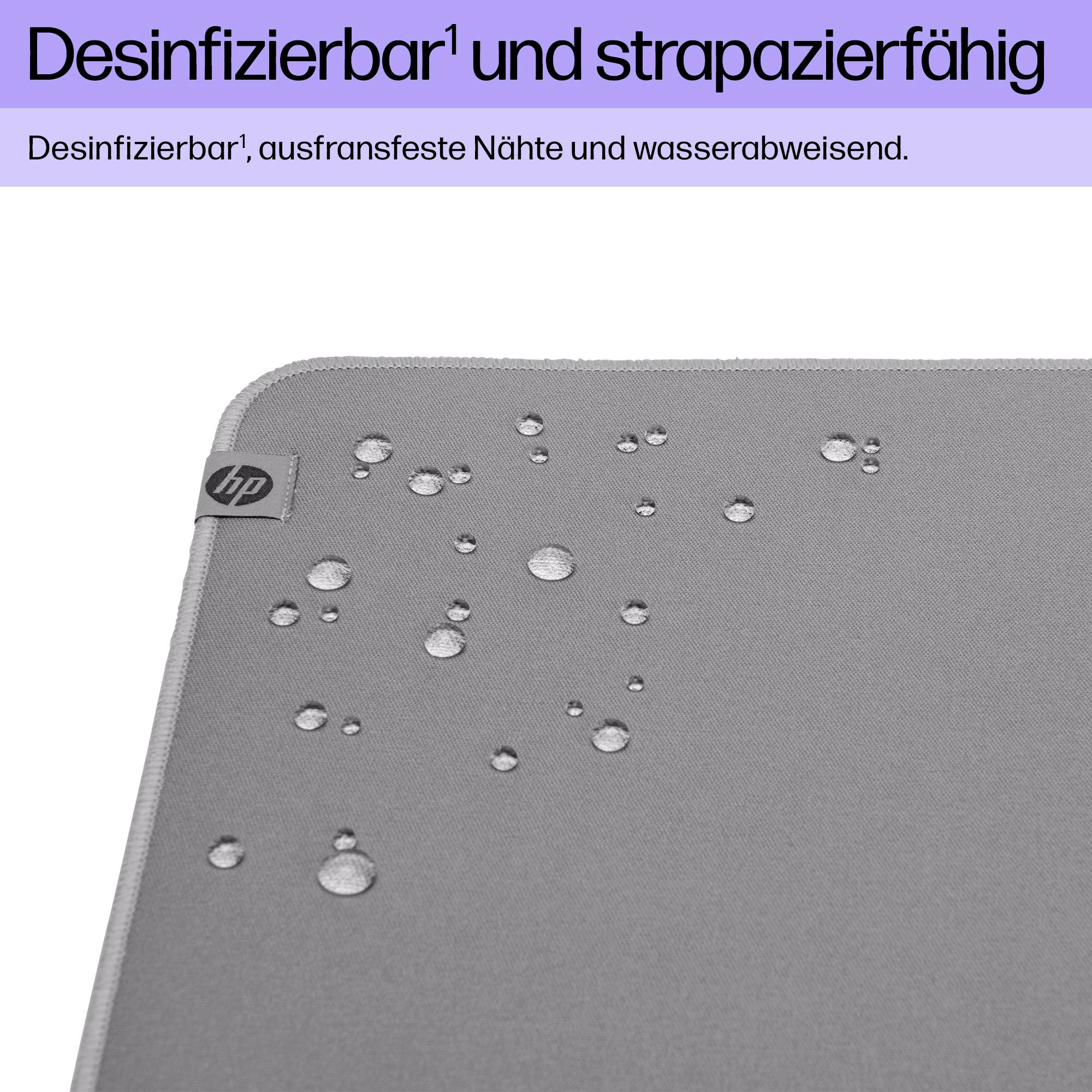 Graue Matte mit Wassertropfen oben drauf. Text oben: 'Desinfizierbar¹ und strapazierfähig'. Unten: 'Desinfizierbar¹, ausfransfeste Nähte und wasserabweisend.'