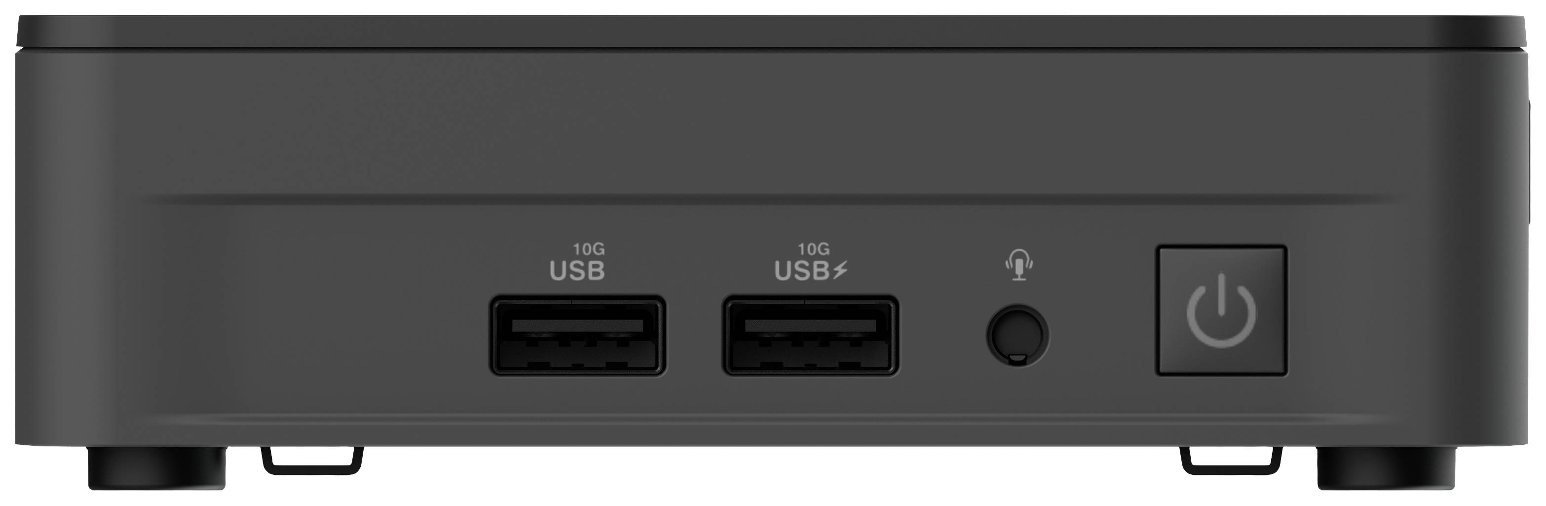Die Vorderseite eines schwarzen Mini-PCs zeigt zwei USB-Anschlüsse, einen Audioanschluss und einen Netzschalter.