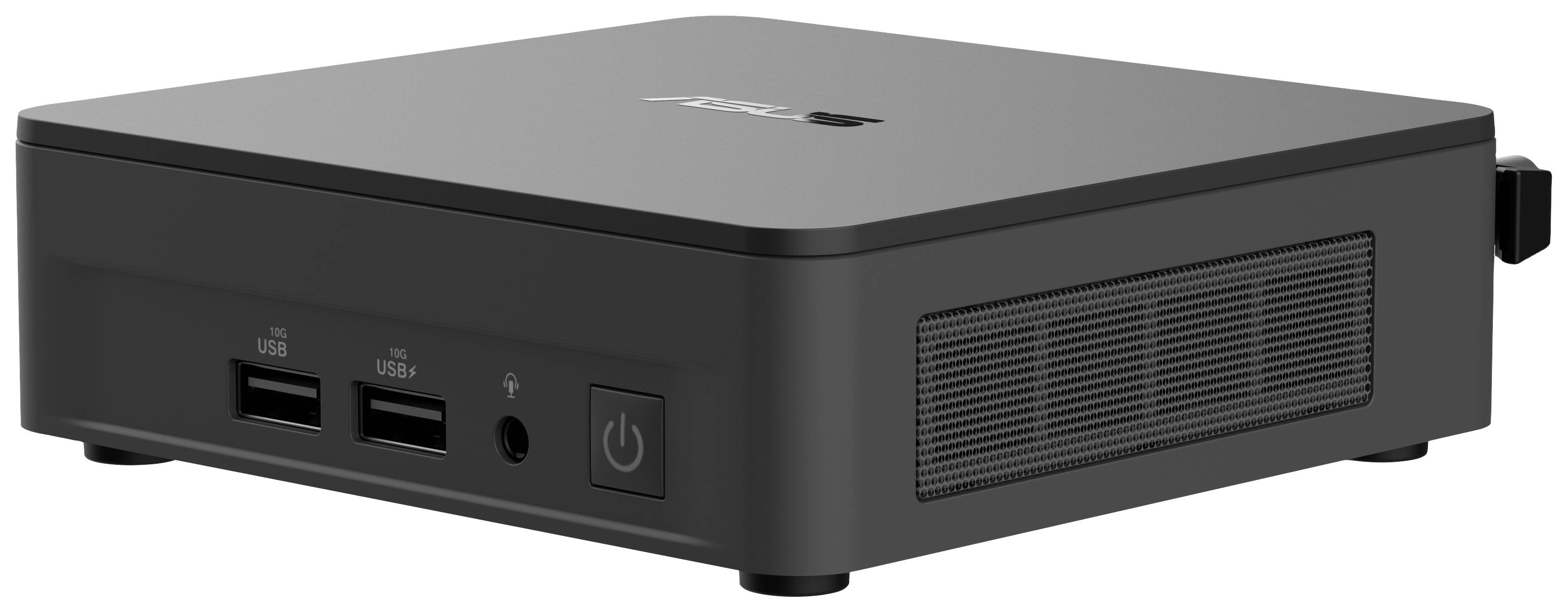 Ein kompakter schwarzer Mini-PC mit zwei USB-Anschlüssen, Kopfhörerbuchse und Netzschalter auf der Vorderseite.