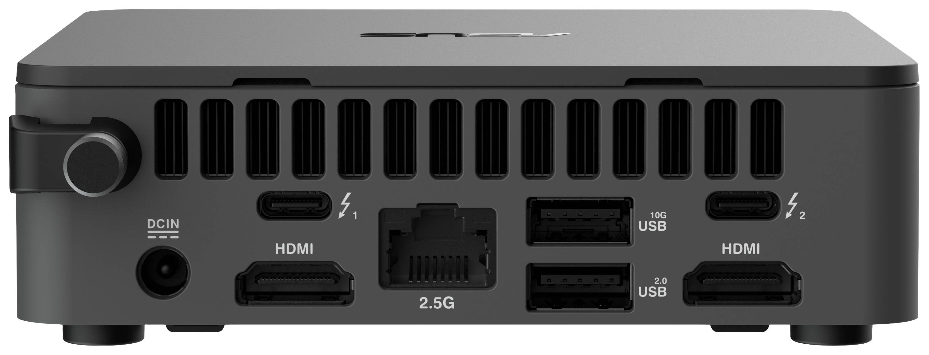 Ein kleines, schwarzes elektronisches Gerät mit mehreren Anschlüssen an der Rückseite, einschließlich HDMI, USB und Ethernet.