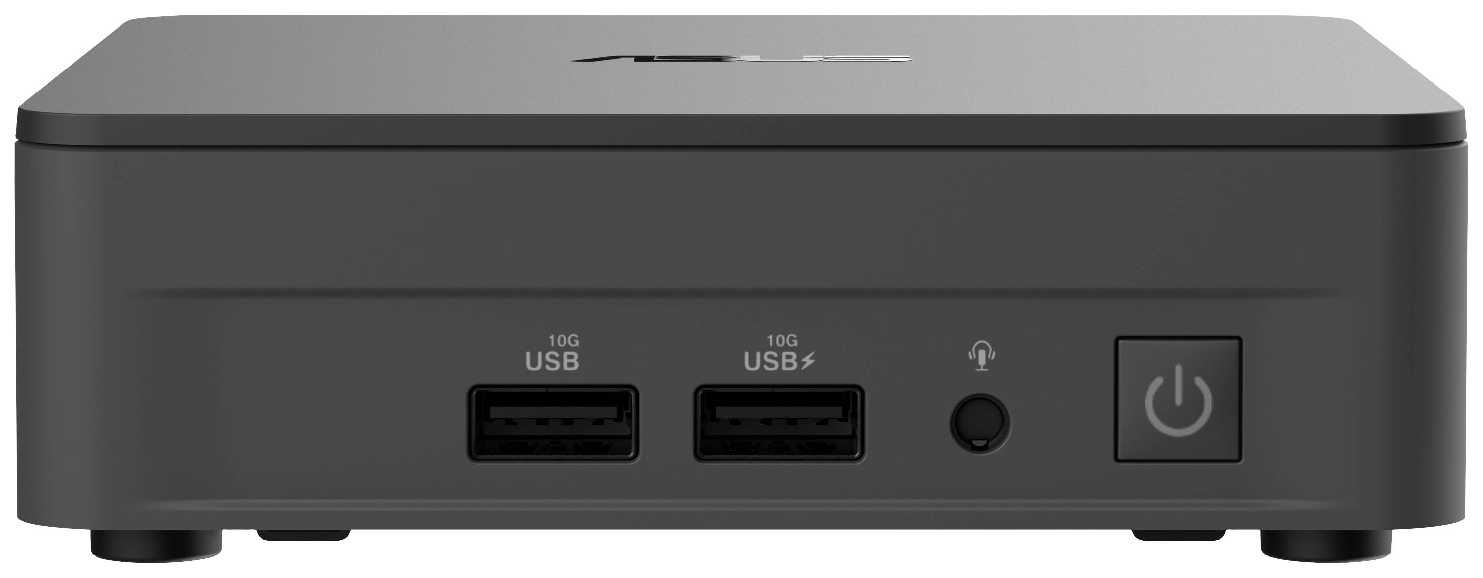 Kompakter, schwarzer Computer mit zwei USB-Anschlüssen, Kopfhörerbuchse und Einschalttaste an der Vorderseite.