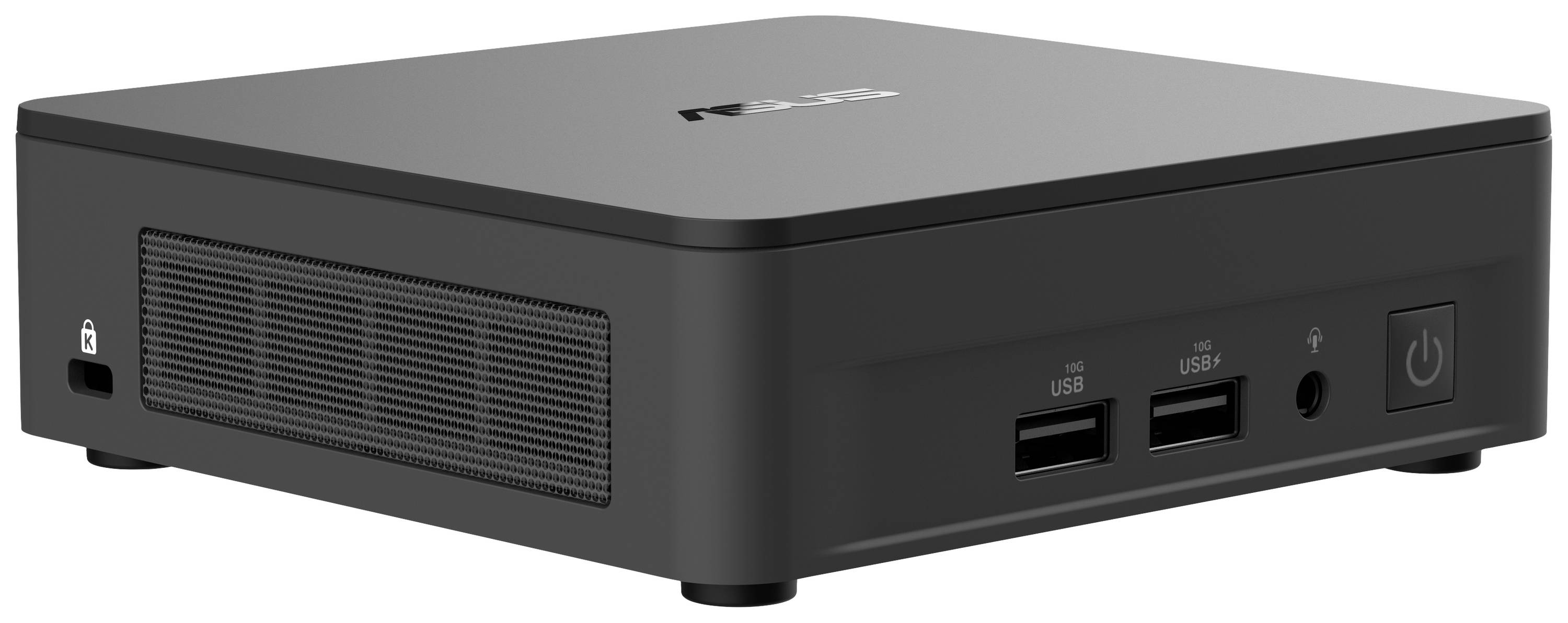 Ein kompakter schwarzer Mini-PC mit Lüftungsschlitzen an der Seite, zwei USB-Anschlüssen und einem Kopfhöreranschluss vorne.