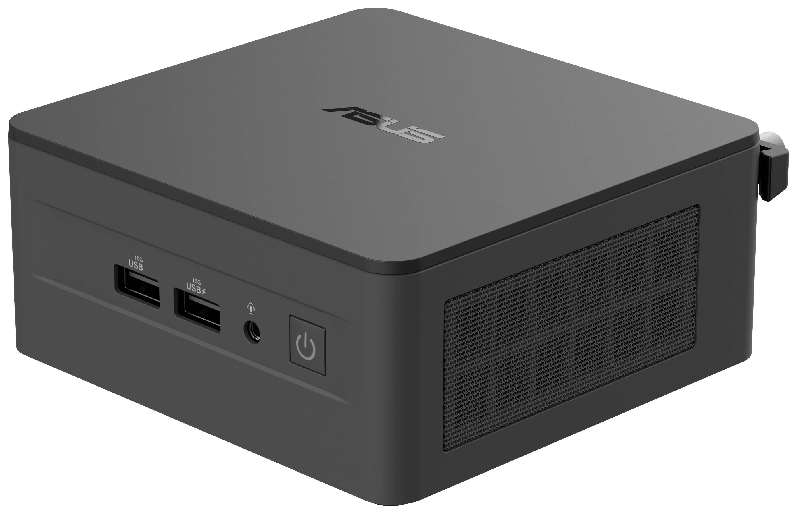 Ein kleiner, quadratischer Mini-PC in schwarzem Design von Asus, zeigt zwei USB-Anschlüsse, Audioanschluss und Power-Taste an der Vorderseite.