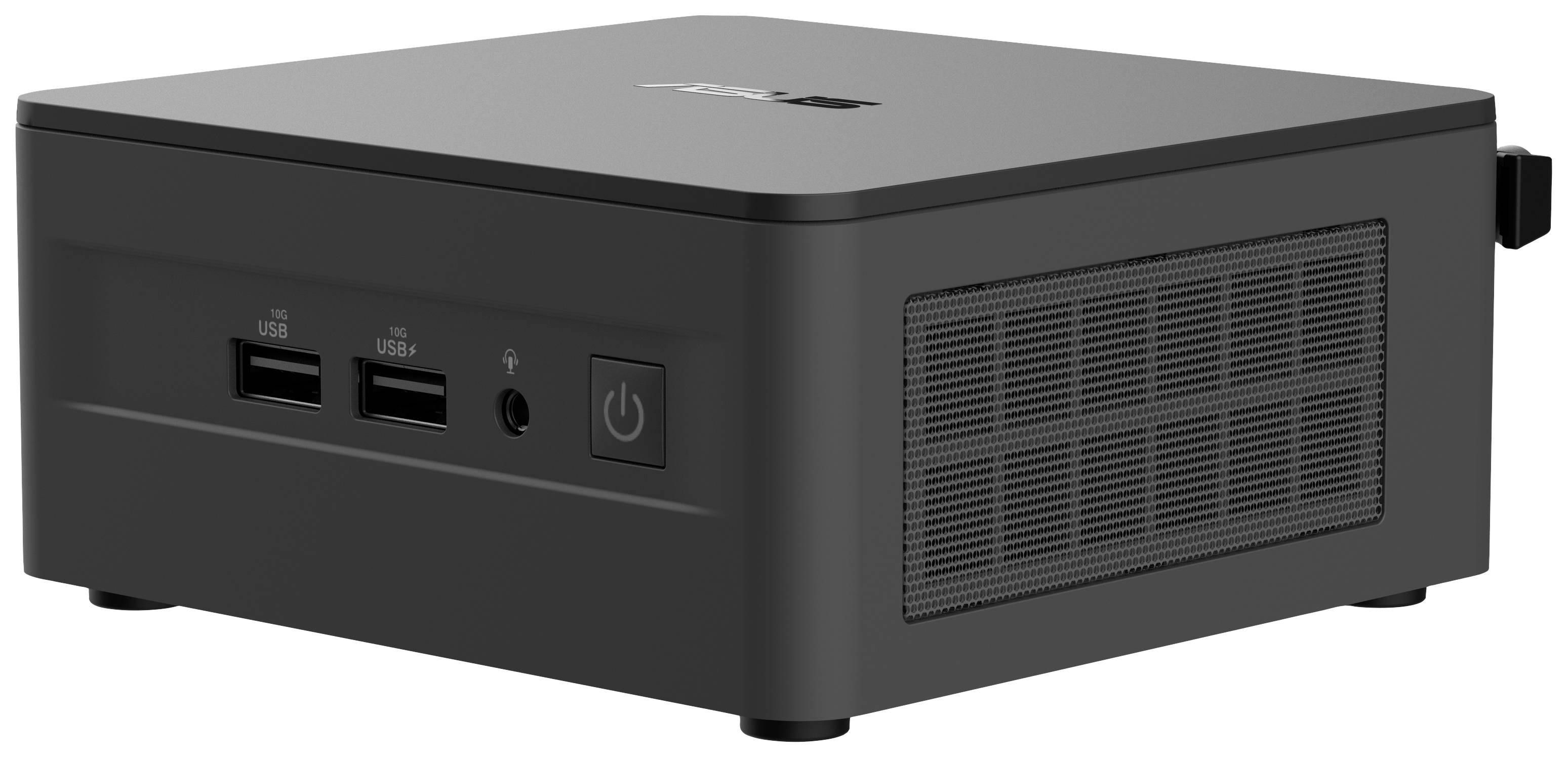 Kompakter schwarzer Mini-PC mit Lüftungsschlitzen an der Seite, zwei USB-Anschlüssen, einer Audiobuchse und einem Power-Knopf vorne.