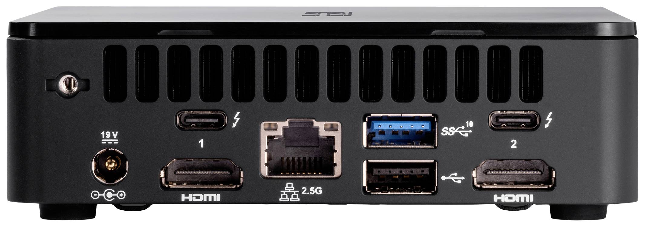 Rückansicht eines Mini-PCs mit verschiedenen Anschlüssen, darunter HDMI, USB, Ethernet und Stromanschluss. Ideal für vielseitige Konnektivität.