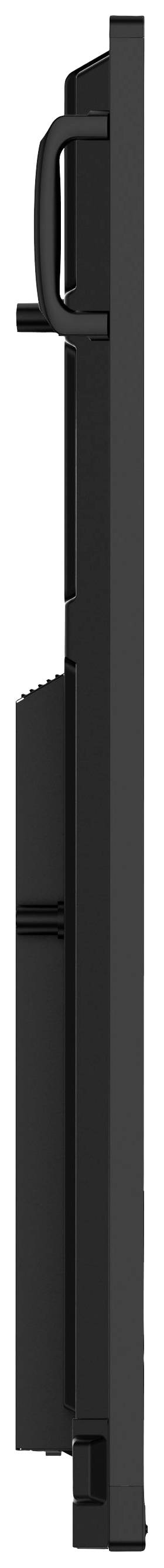 Seitenansicht eines schwarzen Monitors, links oben ein Griff, schlankes Design.