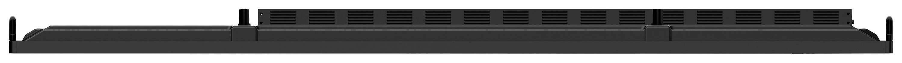 Eine schwarze, waagerechte Struktur mit rechteckigen Abschnitten entlang der Oberkante, möglicherweise eine Halterung oder Ablage.