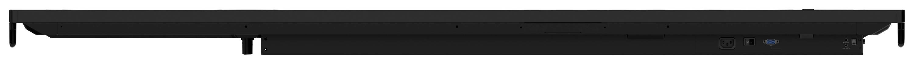 Ein flacher, schwarzer Soundbar mit einem minimalistischen Design. Rechts ist ein kleines LED-Licht zu sehen.