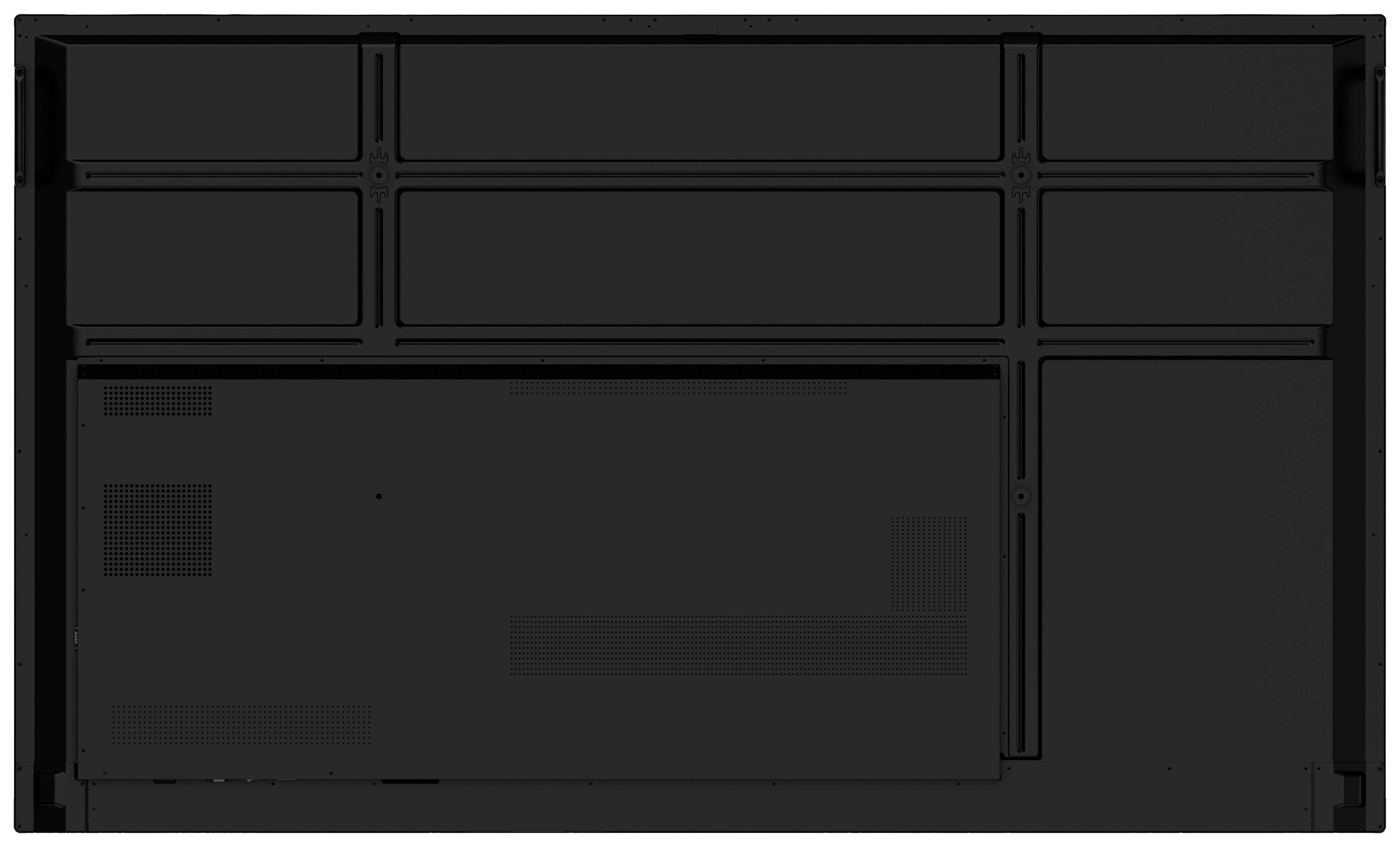 Das Bild zeigt die Rückseite eines Flachbildfernsehers mit klar sichtbaren Belüftungsschlitzen und mehreren Anschlussfeldern.