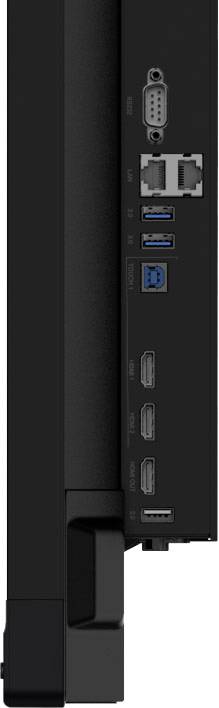 Rückansicht eines Monitors mit verschiedenen Anschlüssen, darunter USB, HDMI und Ethernet.