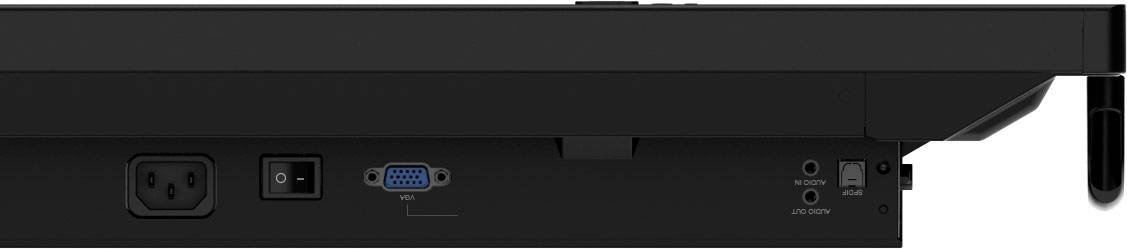 Rückansicht eines Computermonitors mit Anschlüssen: Stromanschluss, USB, VGA, Audioeingang, Kopfhörerausgang.