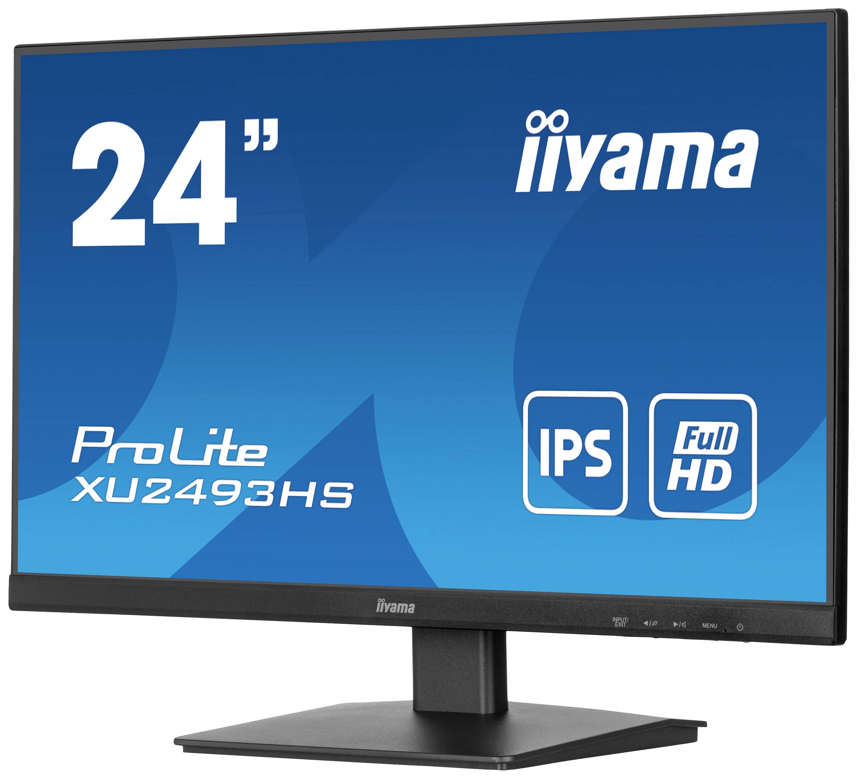 Ein 24-Zoll-Computermonitor der Marke iiyama mit Full HD-Auflösung, Modell ProLite XU2493HS, zeigt IPS-Technologie-Logo.