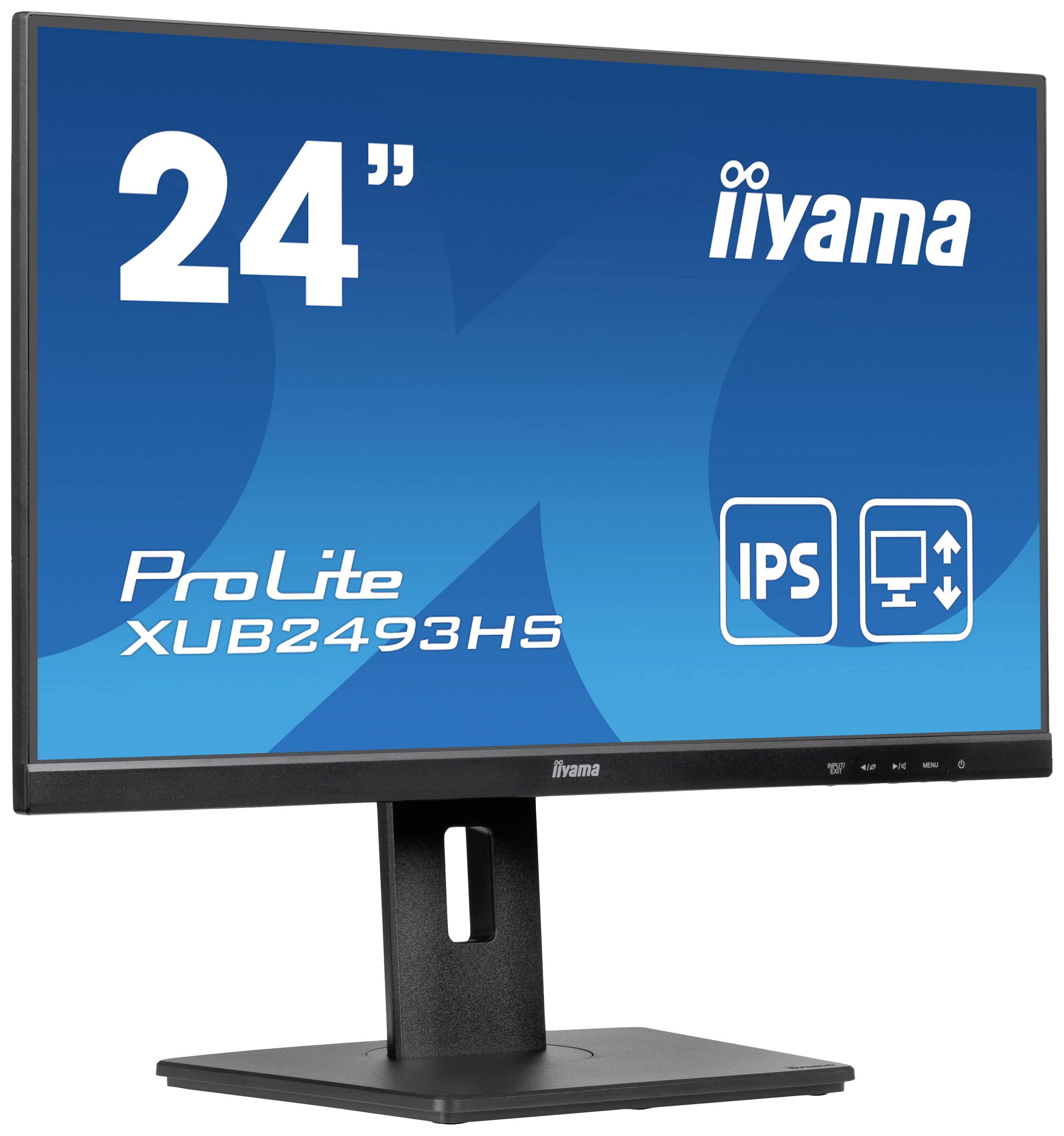 Ein 24-Zoll-Monitor von iiyama, Modell ProLite XUB2493HS, mit IPS-Technologie, zeigt Symbole für Bildschirm- und Blickwinkelunterstützung.