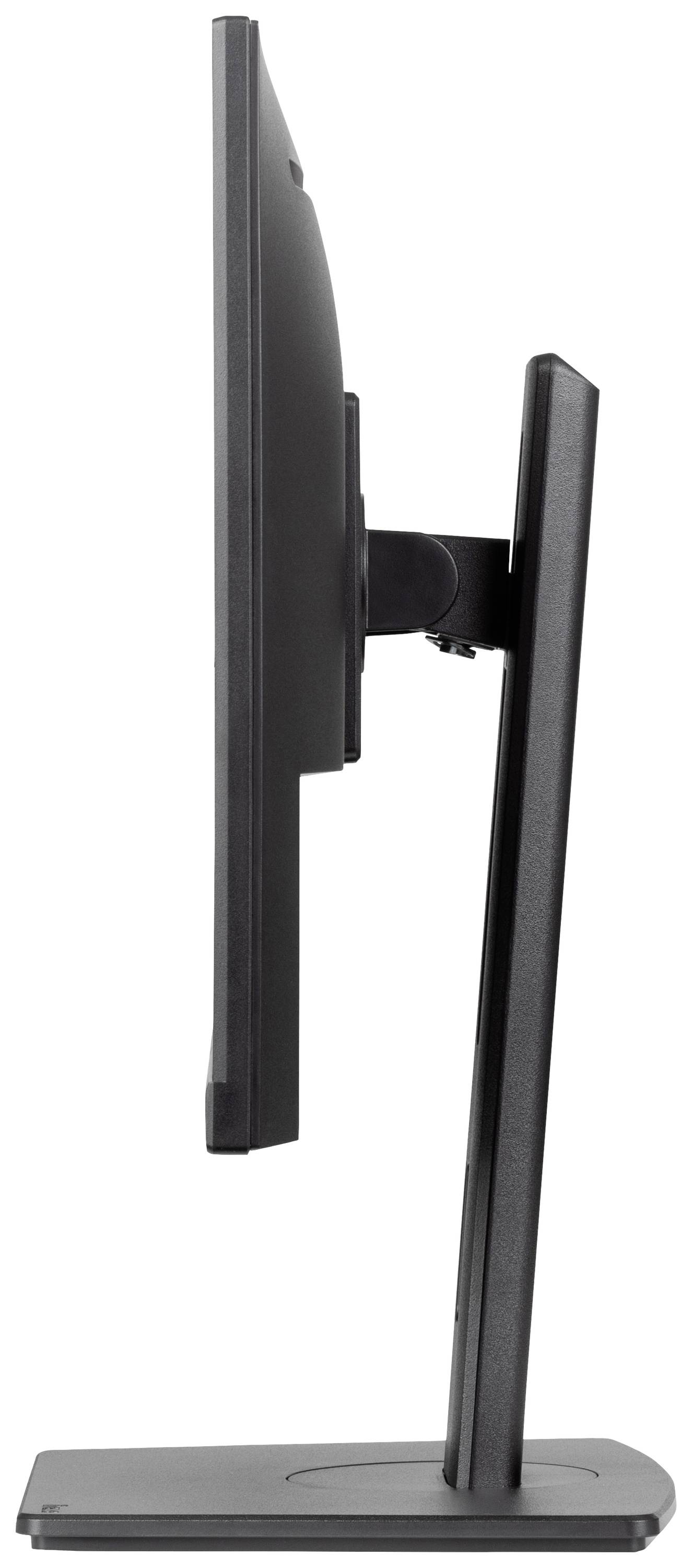 Ein schwarzer Computerbildschirm von der Seite mit schlankem Design, befestigt an einem stabilen Standfuß.