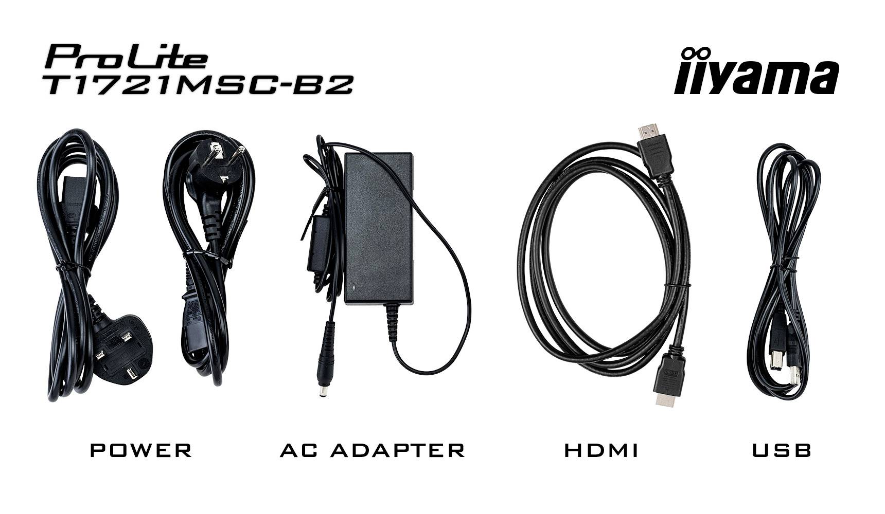 'ProLite T1721MSC-B2' Zubehör: Stromkabel, Netzadapter, HDMI- und USB-Kabel. Iiyama-Logo oben rechts.