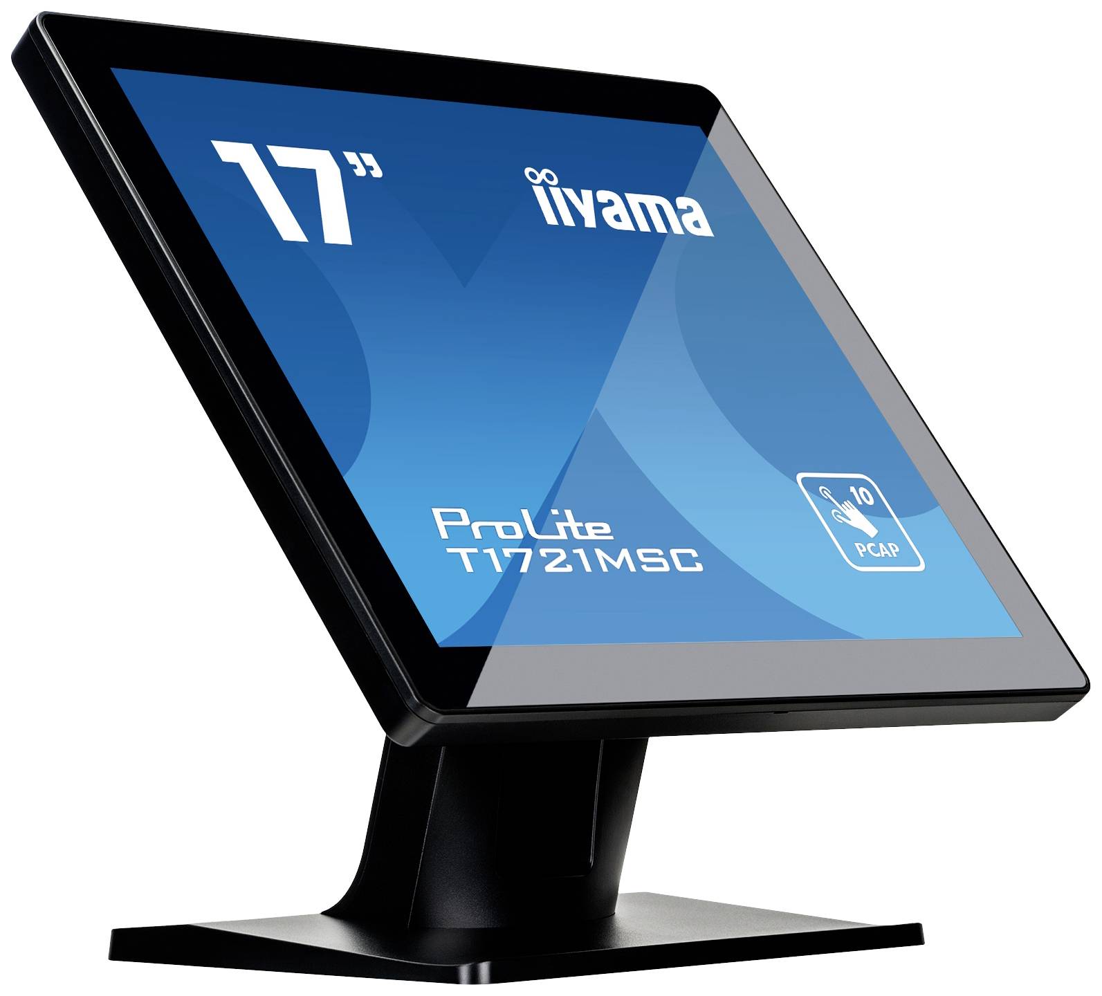 Ein schwarzer 17-Zoll-Touchscreen-Monitor mit der Aufschrift 'iiyama' und 'ProLite T1721MSC' auf dem Bildschirm in einem blauen Hintergrund.