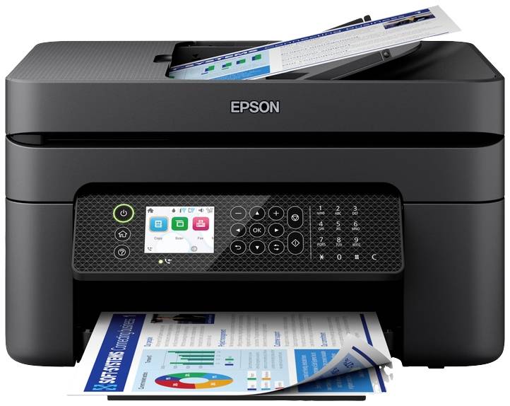 Ein schwarzer Epson-Drucker druckt ein Dokument. Oben liegt ein weiteres Blatt im Papiereinzug. Bedienfeld mit Tasten sichtbar.