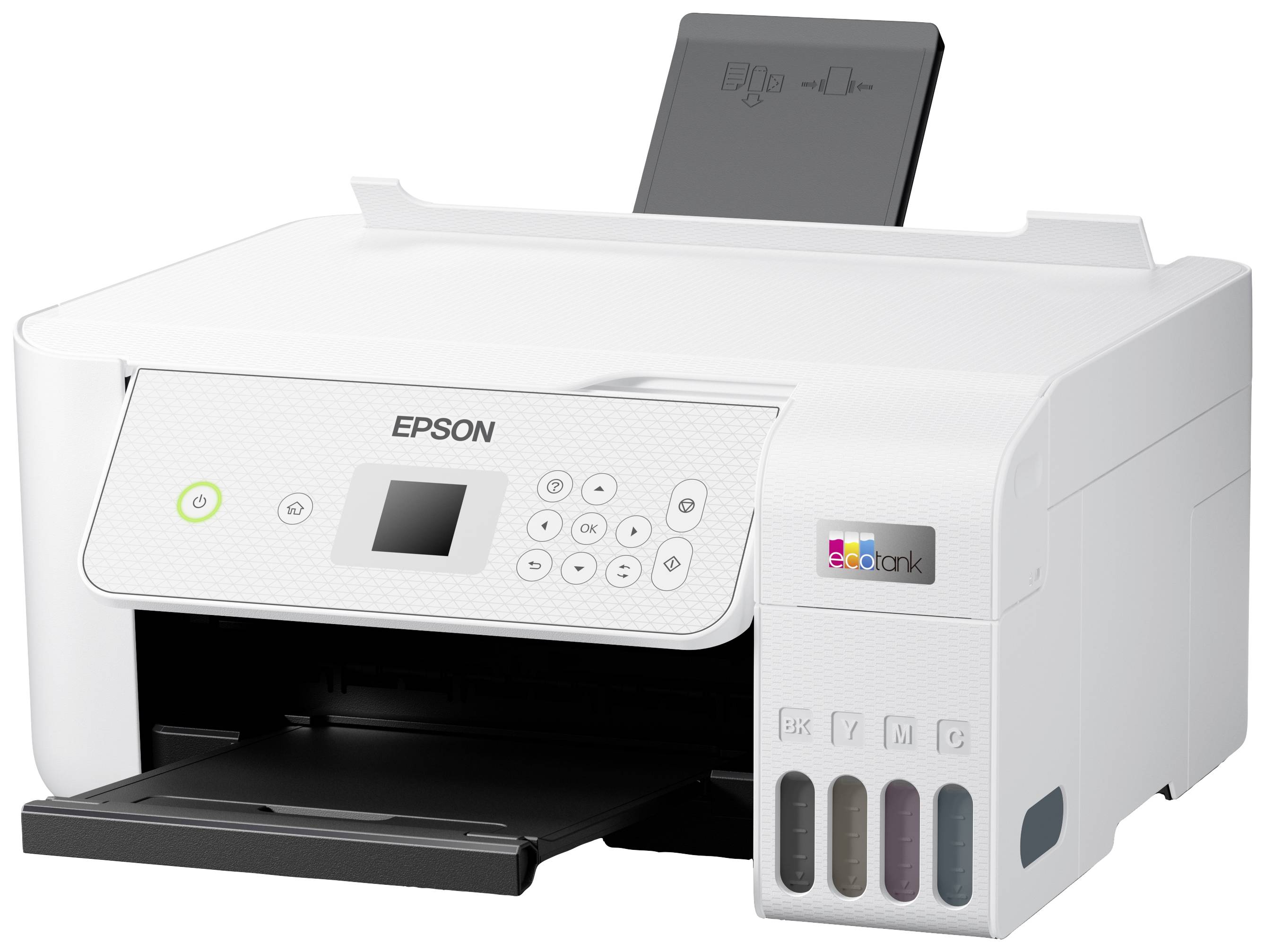 Ein weißer Drucker von Epson mit offenem Papierfach und sichtbaren Tintentanks an der Seite, geeignet für Farbdrucke.