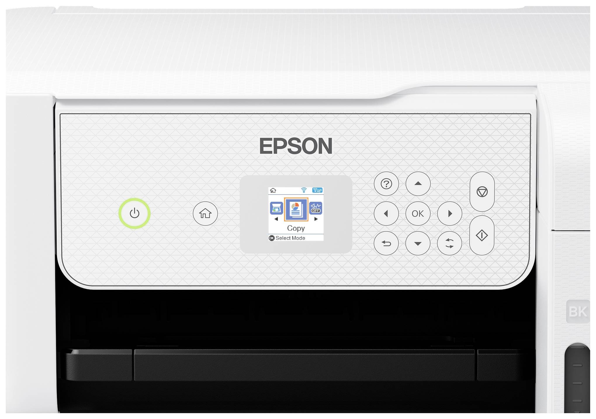 Ein Drucker der Marke Epson mit Bedienelementen und Display in der Mitte. Das Display zeigt die Optionen 'Copy' und 'Start Mode' an.