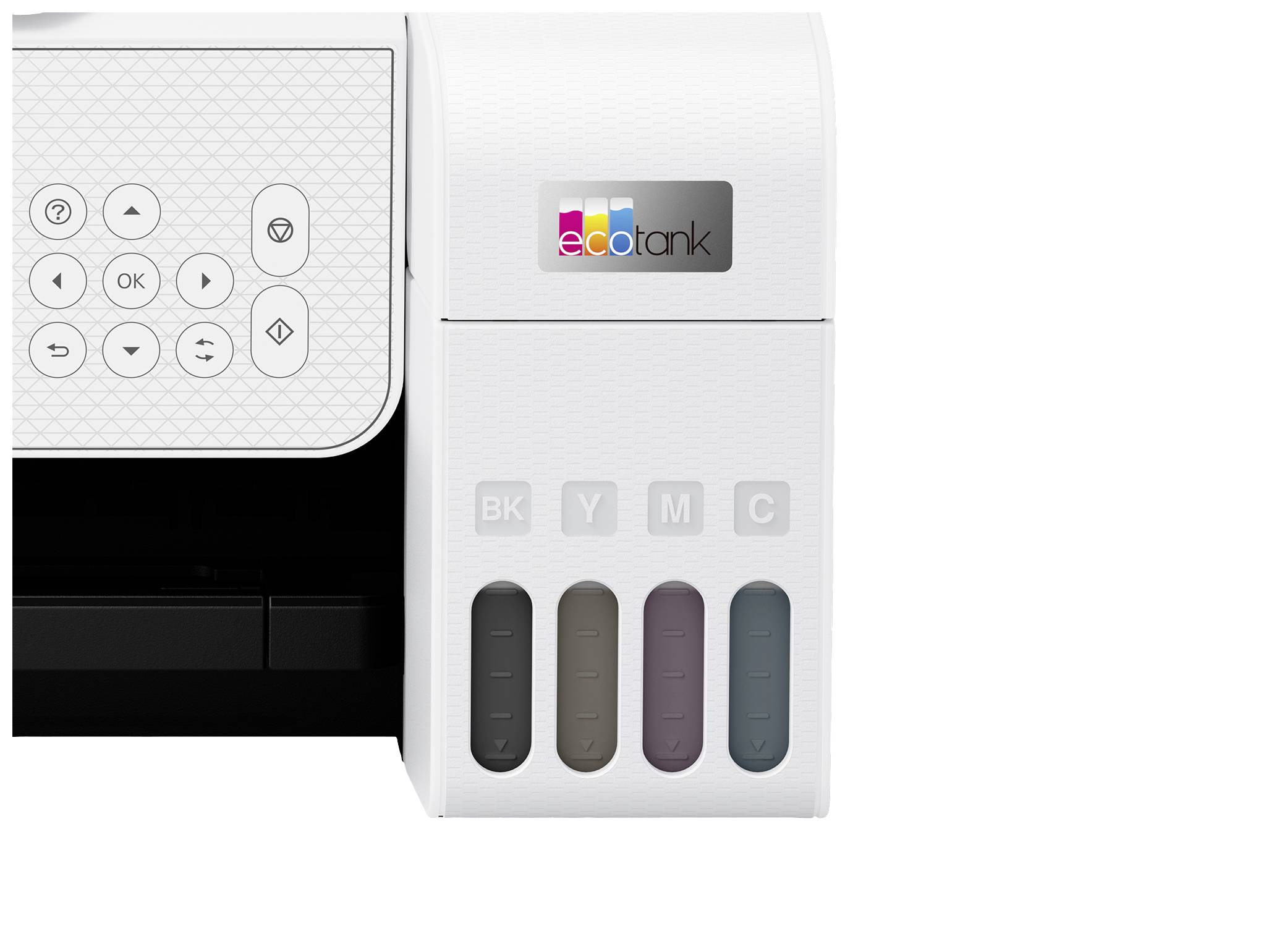 Ein Drucker mit sichtbaren Tintentanks. Vier farbige Tankanzeigen sind zu sehen: Schwarz, Gelb, Magenta und Cyan.