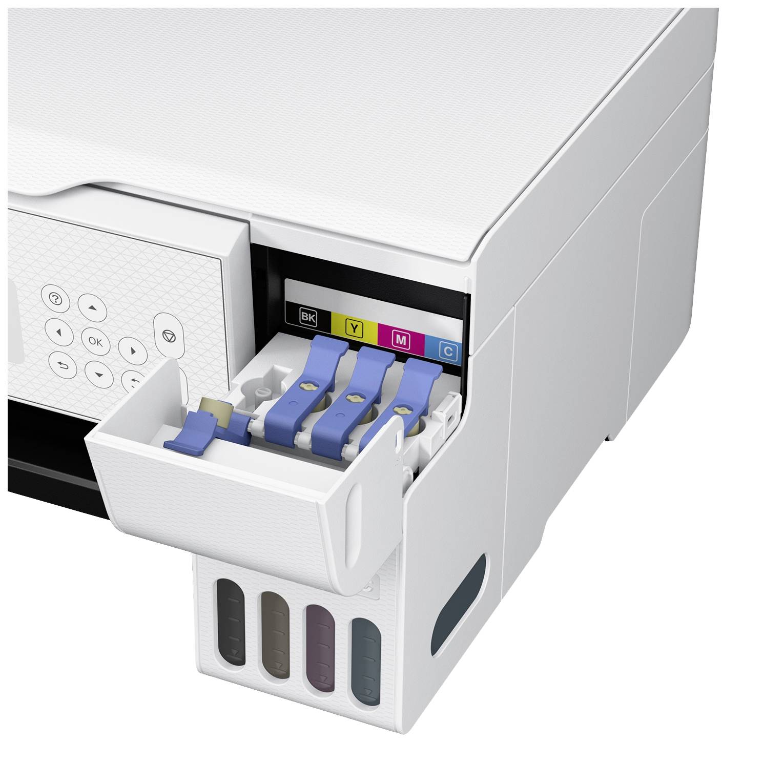 Ein weißer Drucker mit geöffneter Klappe zeigt vier sichtbare Tintentanks in Blau, Gelb, Magenta und Schwarz. Tastenfeld links.