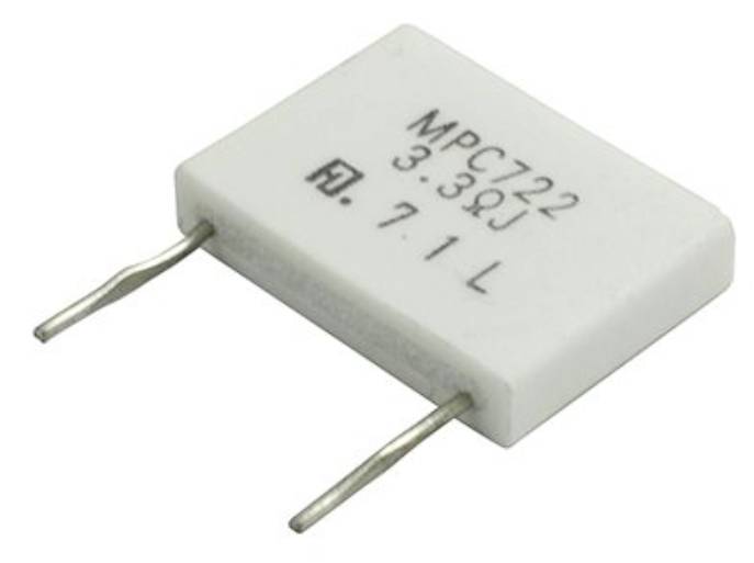 Ein rechteckiger, weißer elektrischer Widerstand mit zwei Metallanschlüssen. Auf dem Körper stehen Zahlen und Buchstaben.