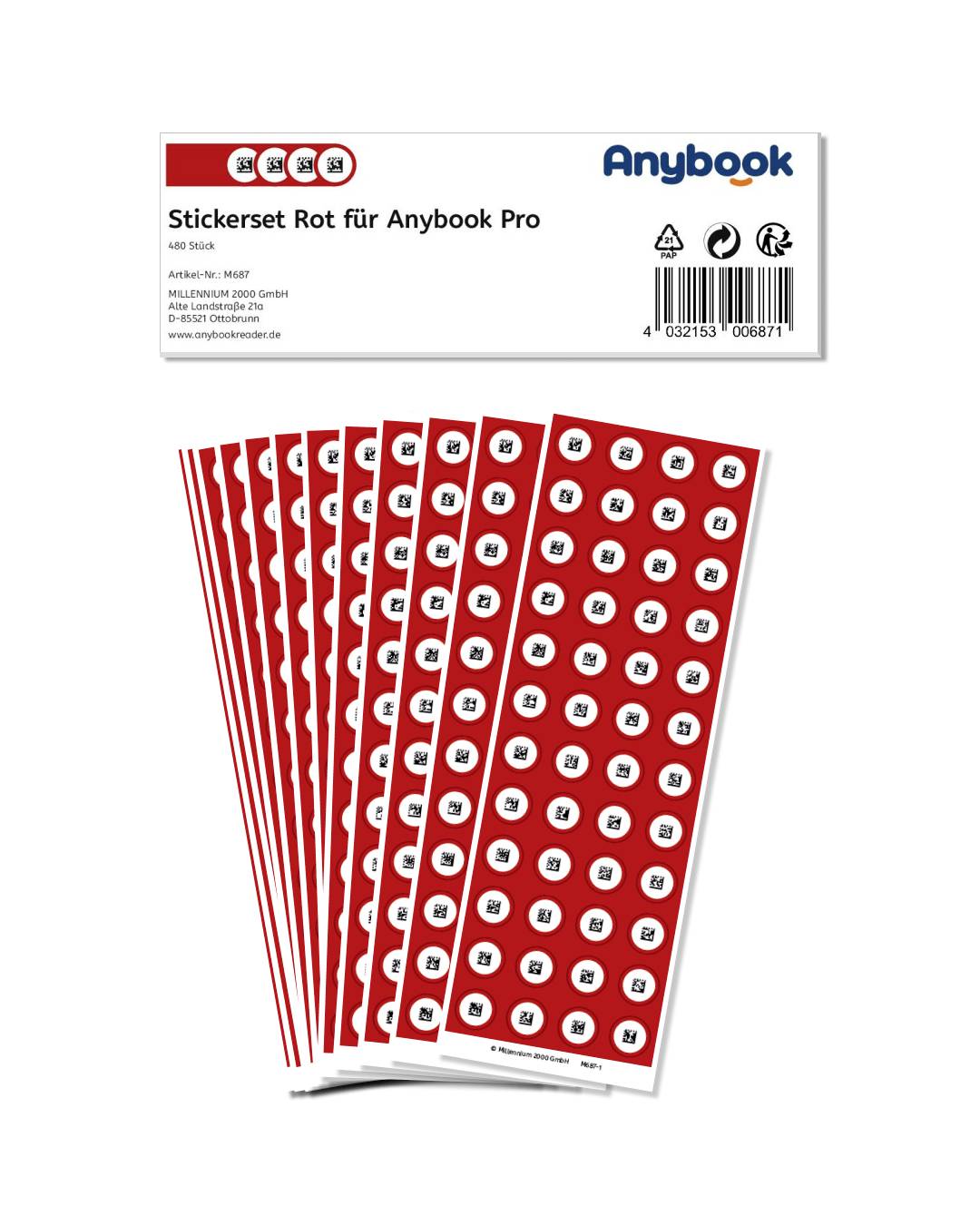 'Sticker-Set Rot für Anybook Pro' zeigt rote Sticker mit Buchstaben. Verpackung enthält Hersteller- und Produktinformationen.