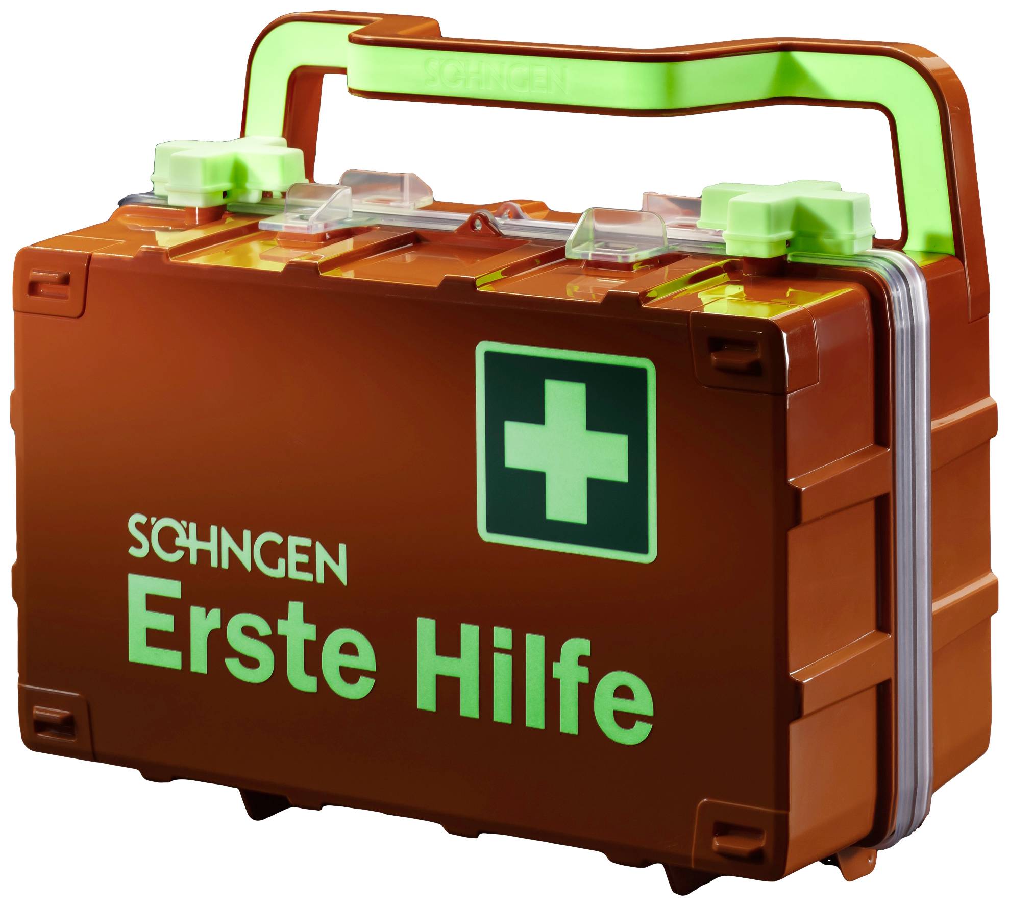 Erste-Hilfe-Kasten mit grünem Kreuz und der Aufschrift 'SCHNGEN Erste Hilfe', ausgestattet mit Tragegriff und Sicherungsclips.