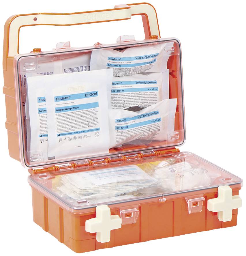 Ein orangefarbener Erste-Hilfe-Kasten mit geöffnetem Deckel zeigt verschiedene Verbände und Pflaster im Inneren.