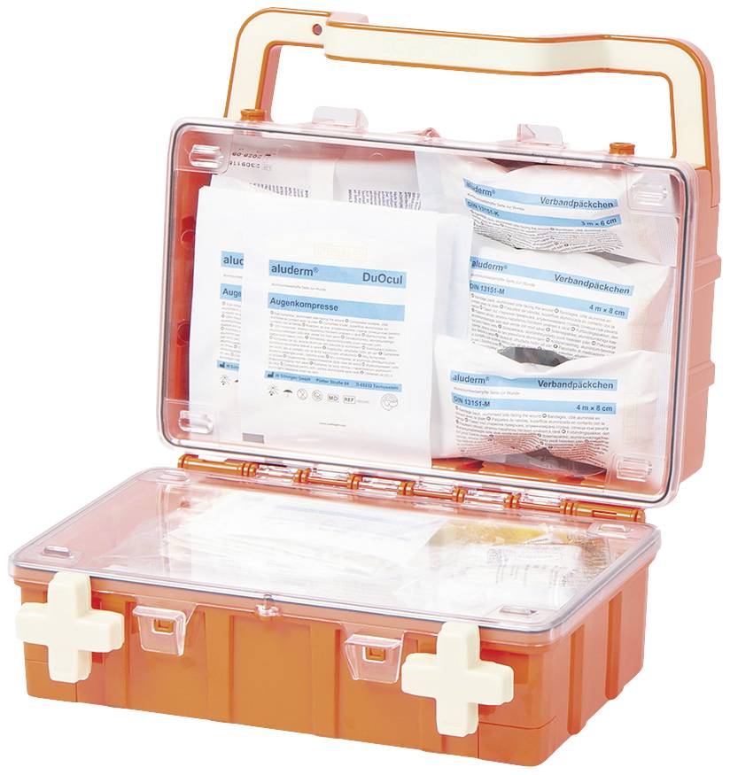 Ein offener Erste-Hilfe-Kasten aus Kunststoff mit medizinischen Verbandsmaterialien, inklusive Mullbinden und Kompressen.