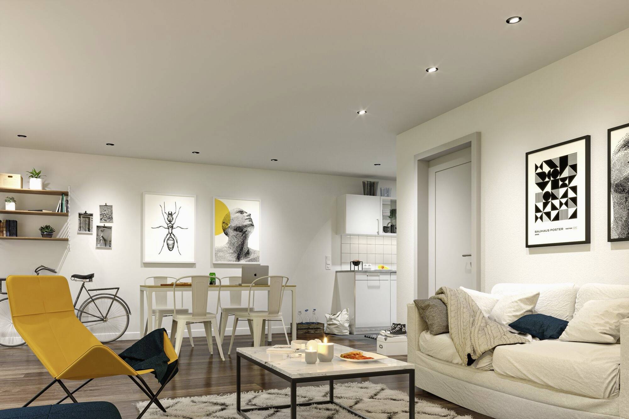 Ein modernes Wohnzimmer mit offener Küche, stilvoll eingerichtet. Helle Sofas, ein gelber Stuhl, Kunst an den Wänden, ein Fahrrad steht an der Wand.