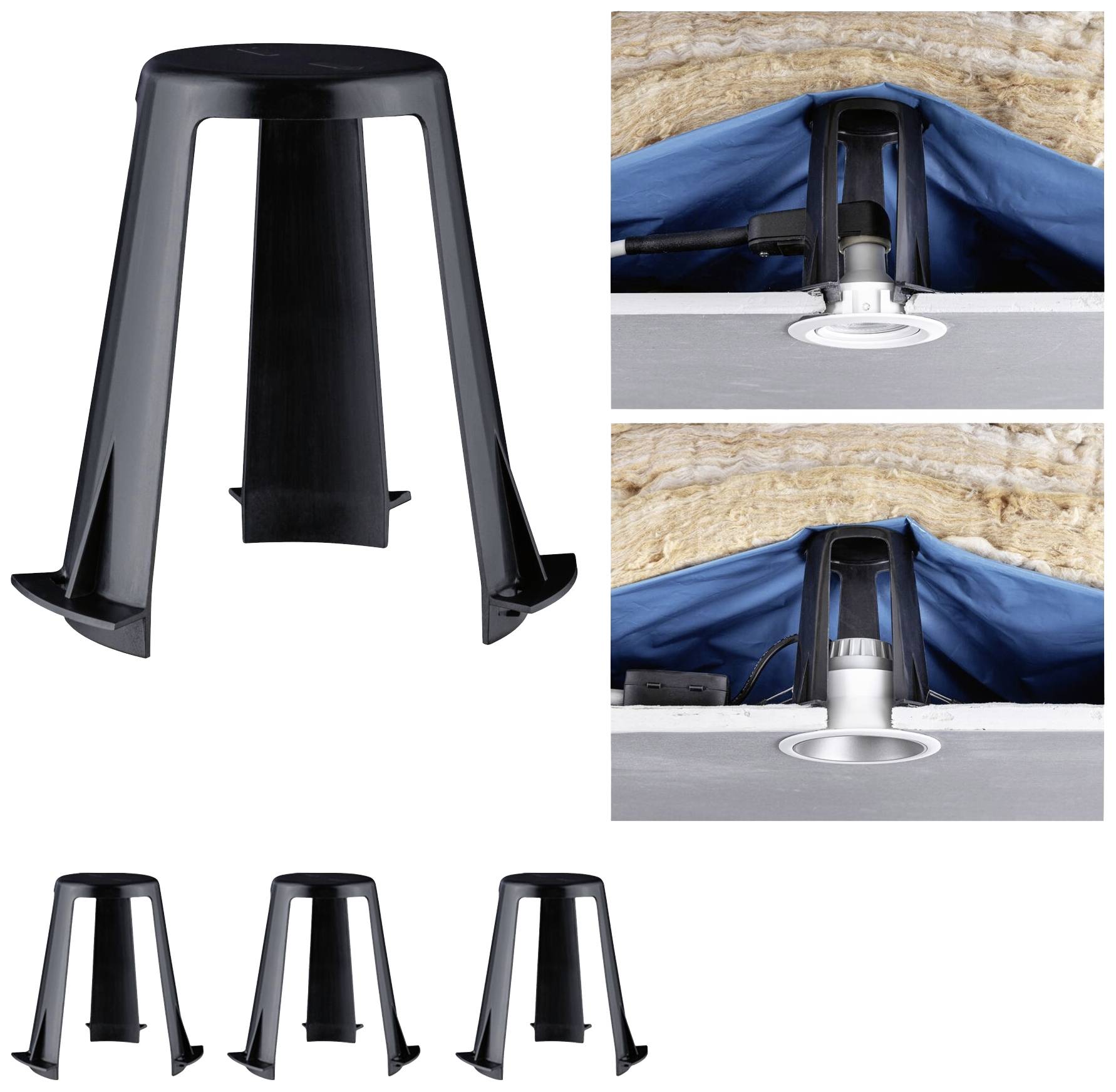 Schwarzer Kunststoffständer in drei Ansichten. Oben rechts zwei Abbildungen, wie der Ständer zur Kabeldurchführung in Decken genutzt wird.