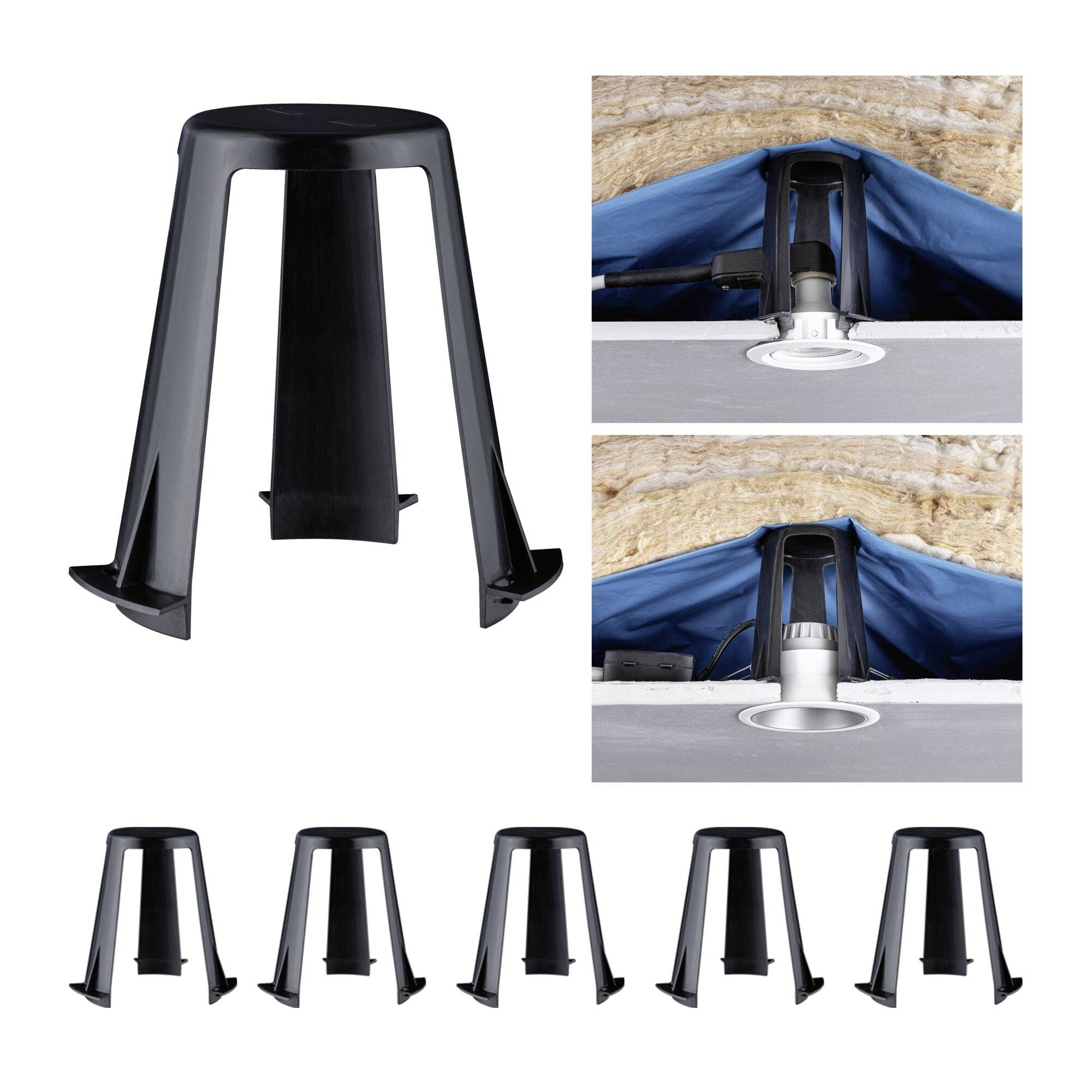 Kunststoff-Stelzlager in verschiedenen Ansichten. Oben rechts zwei Anwendungsbeispiele auf einer Terrasse zur Höhenverstellung gezeigt.