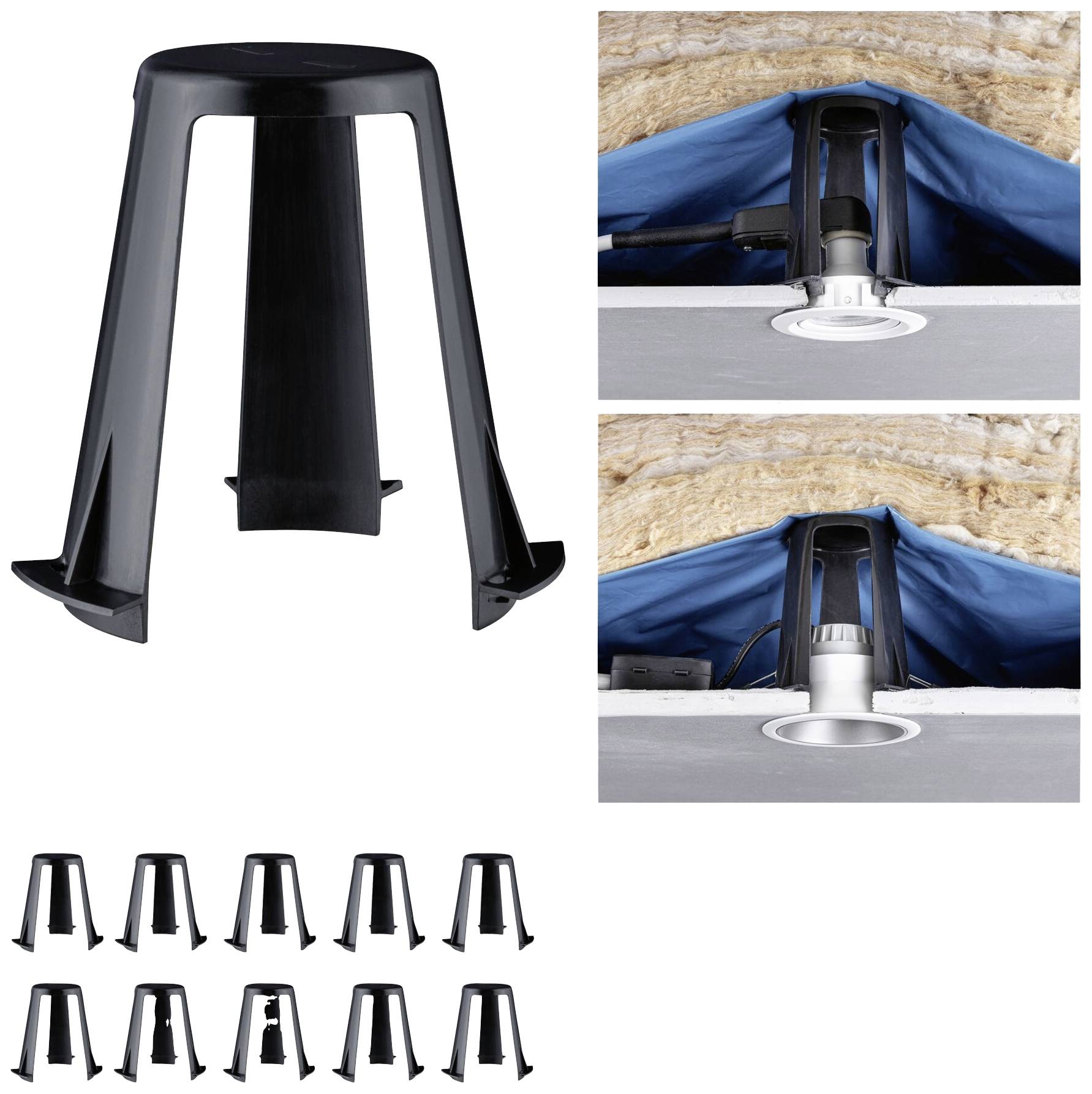 Ein schwarzer Halter für Einbaustrahler, links alleine gezeigt. Rechts oben und unten montiert in verschiedenen Decken. Unten neun Halter in einer Gruppe.