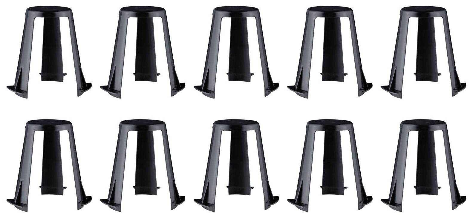 Mehrere identische schwarze Untersetzer aus Kunststoff, die nebeneinander angeordnet sind, geeignet für Baustellen zur Stabilisierung von Estrichmatten.