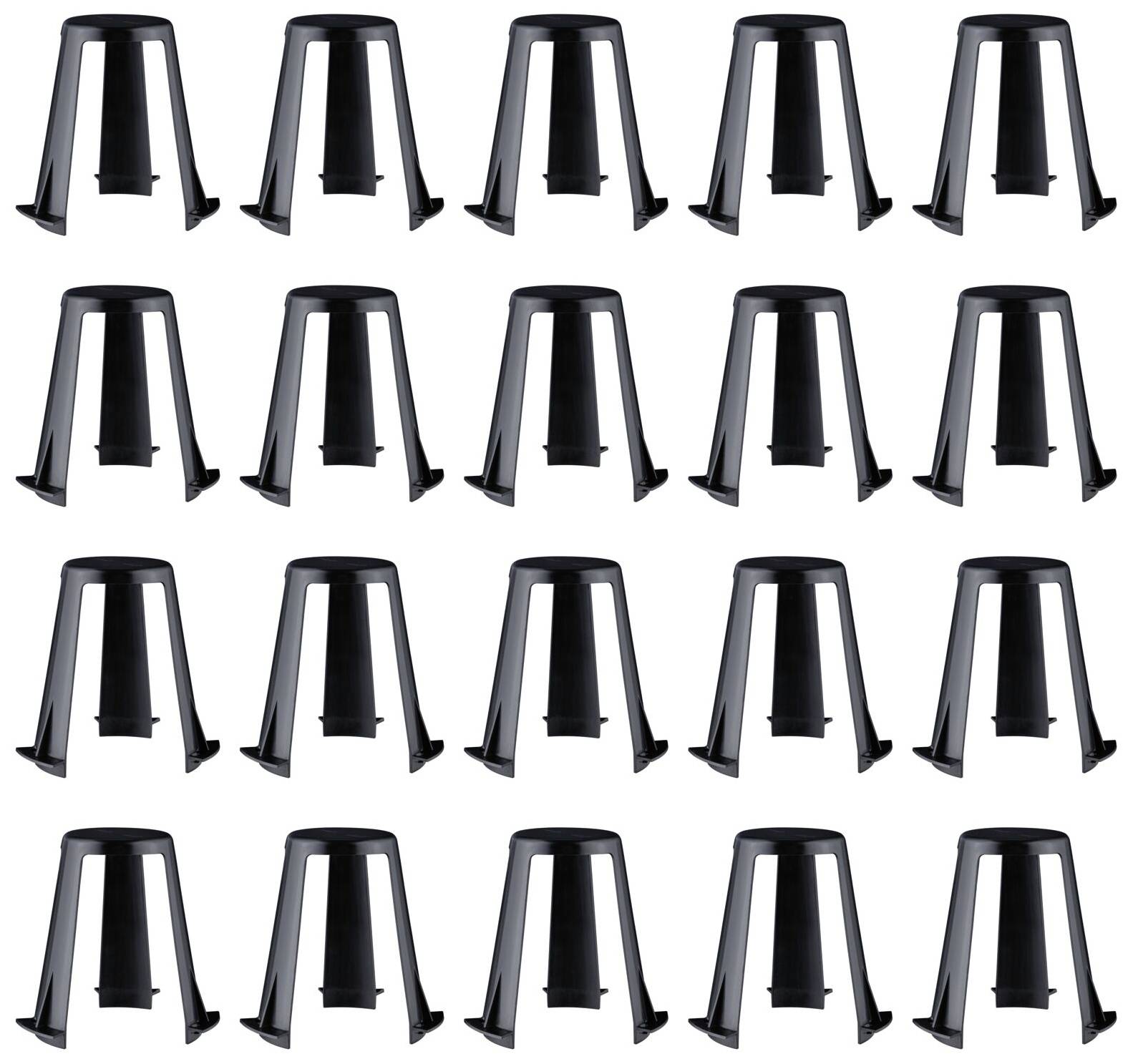 Schwarze Kunststoff-Abstandshalter, gleichmäßig in fünf Reihen angeordnet. Sie dienen zur Unterstützung und Stabilisierung von Strukturen.