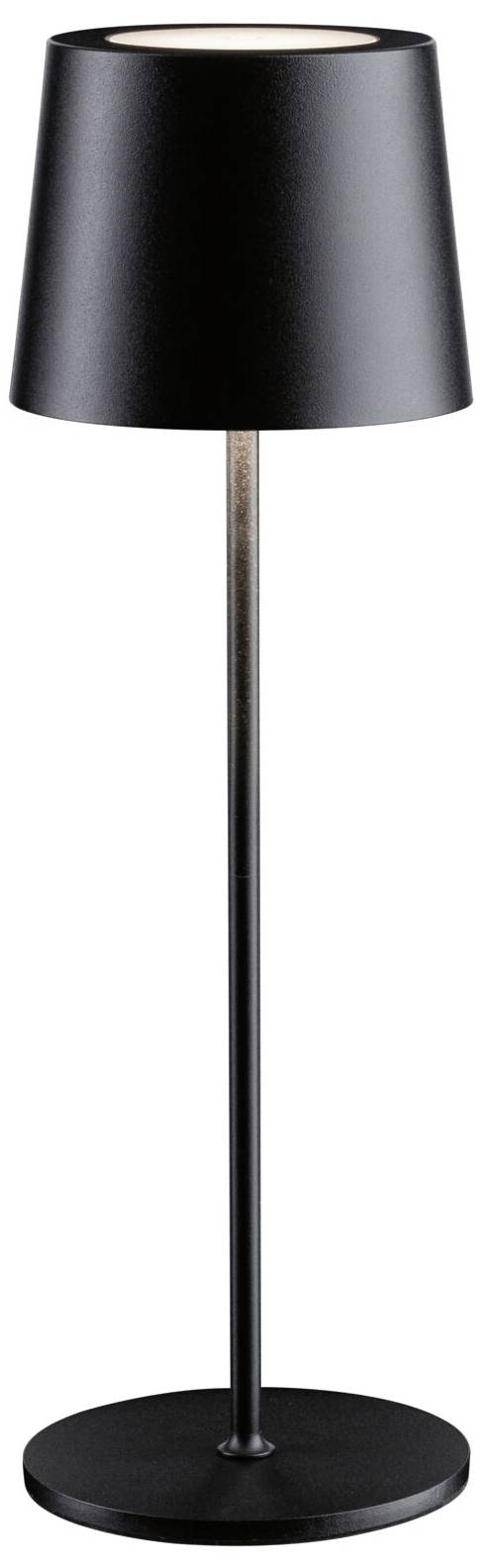Schlanke, schwarze Stehlampe mit rundem Fuß und konischem Schirm, leuchtet nach unten.