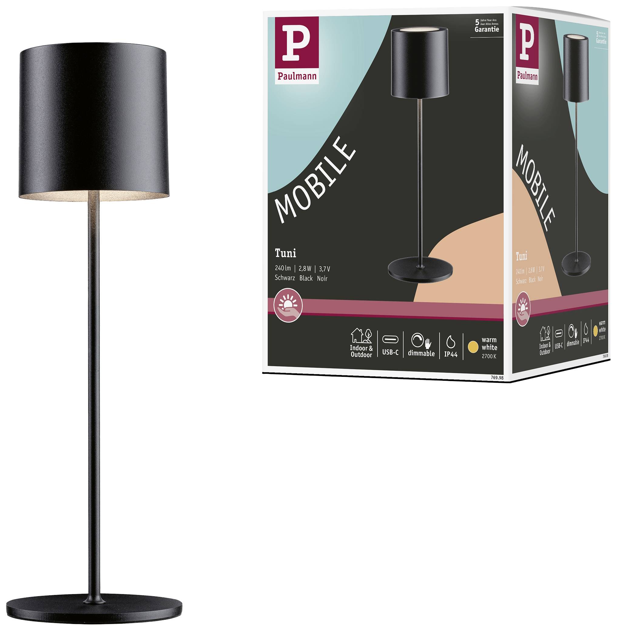 Paulmann 76998 Tuni LED-Akku-Tischlampe 2.8W Warmweiß Schwarz (matt)