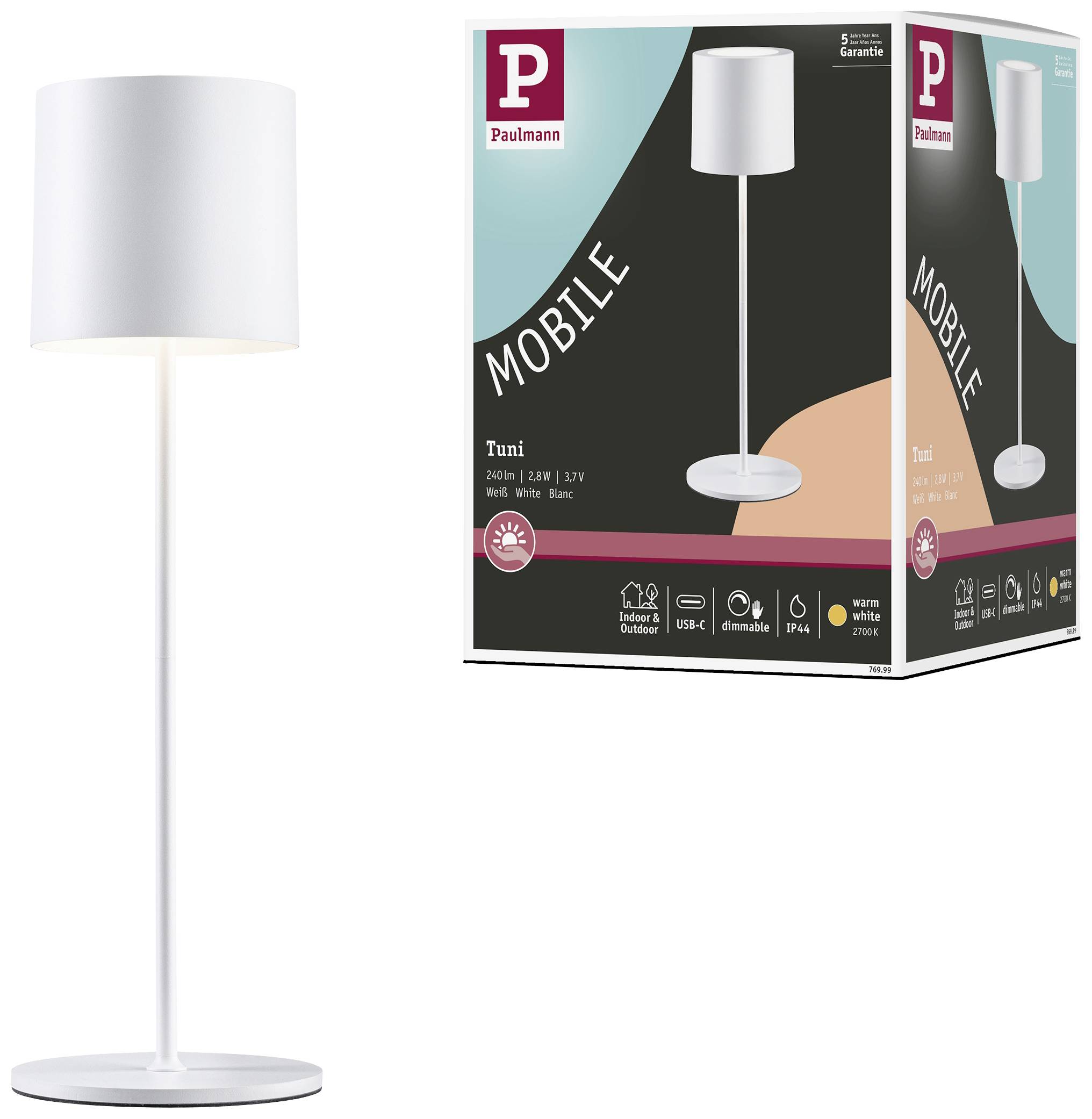 Paulmann 76999 Tuni LED-Akku-Tischlampe 2.8W Warmweiß Weiß (matt)