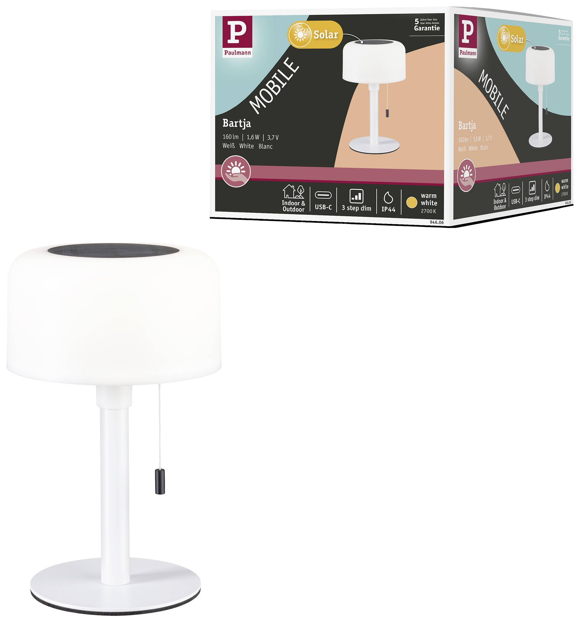 Paulmann 94606 Bartja Solar-Tischlampe 1.6W Warmweiß Weiß