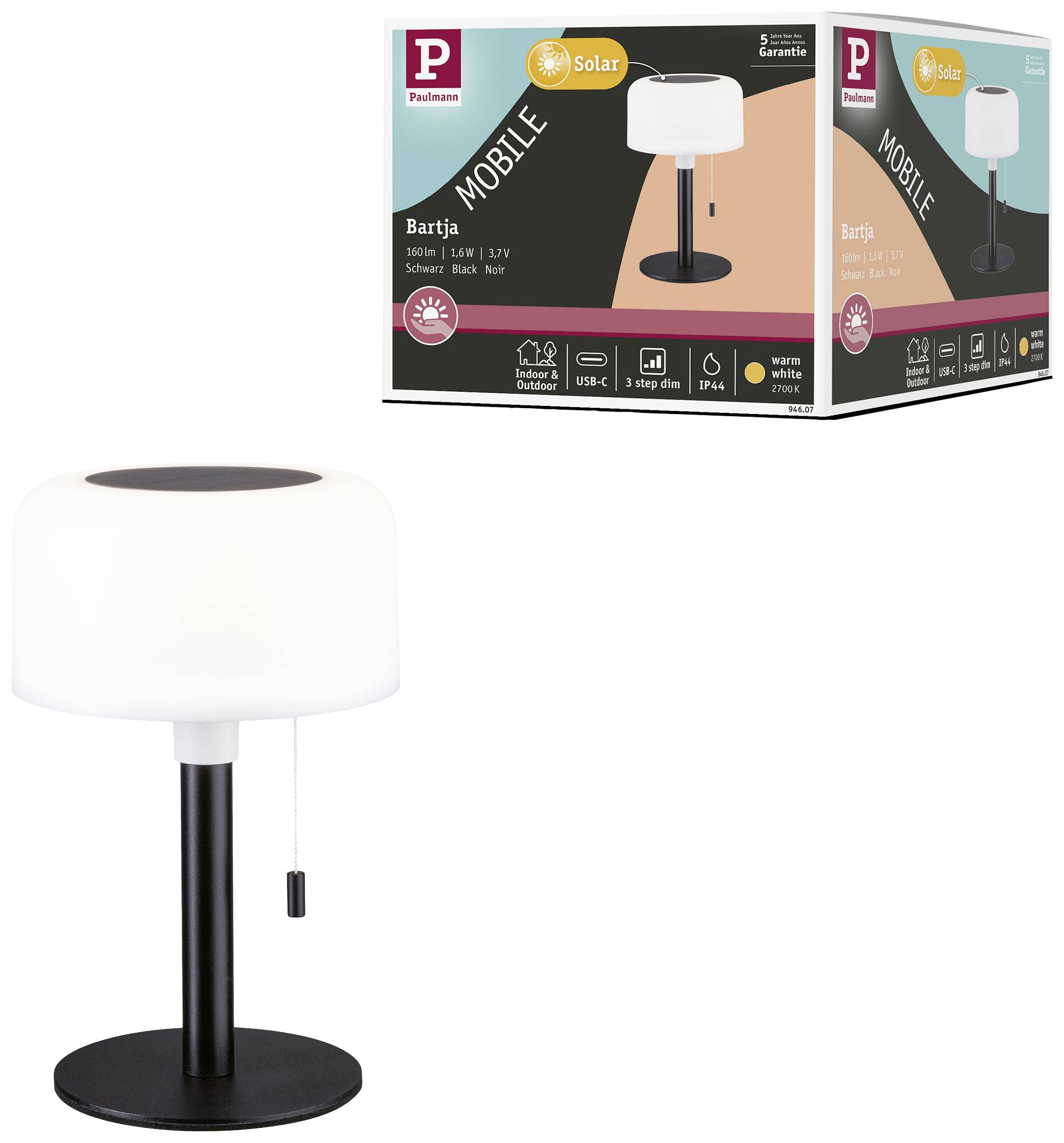 Paulmann 94607 Bartja Solar-Tischlampe 1.6W Warmweiß Schwarz