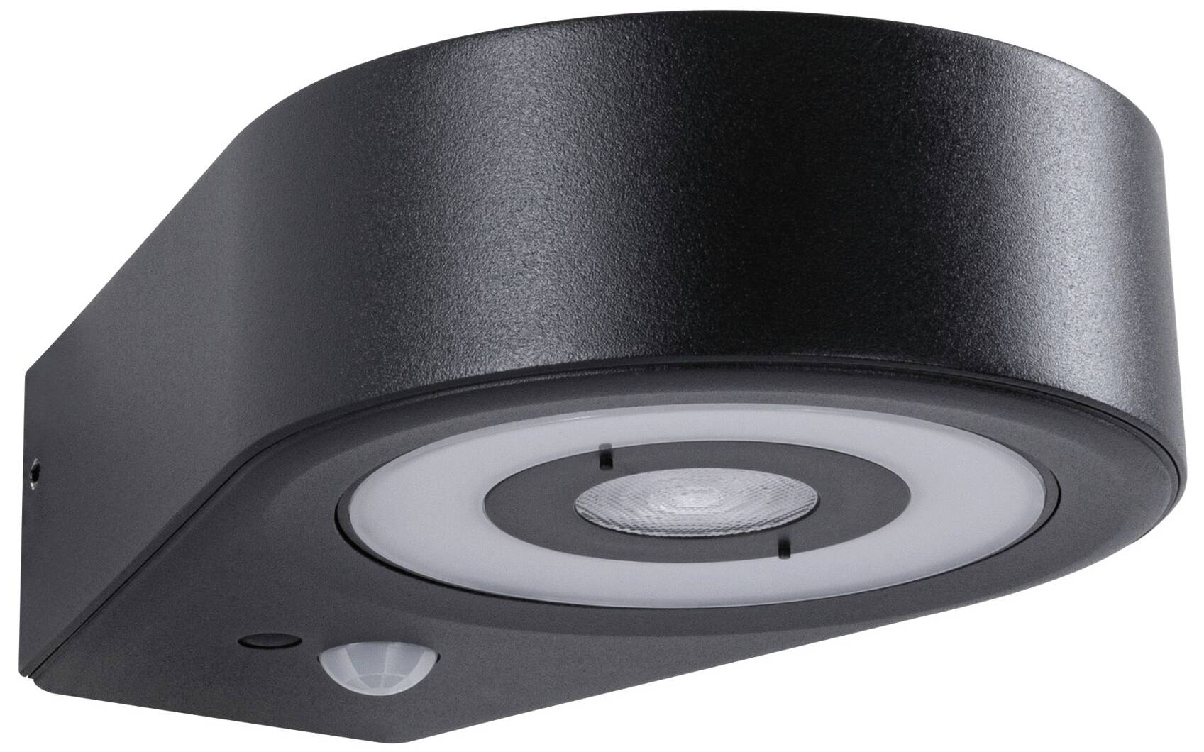 Außenwandleuchte in schwarzer, gebogener Form mit integriertem Bewegungsmelder und rundem LED-Licht in der Mitte.