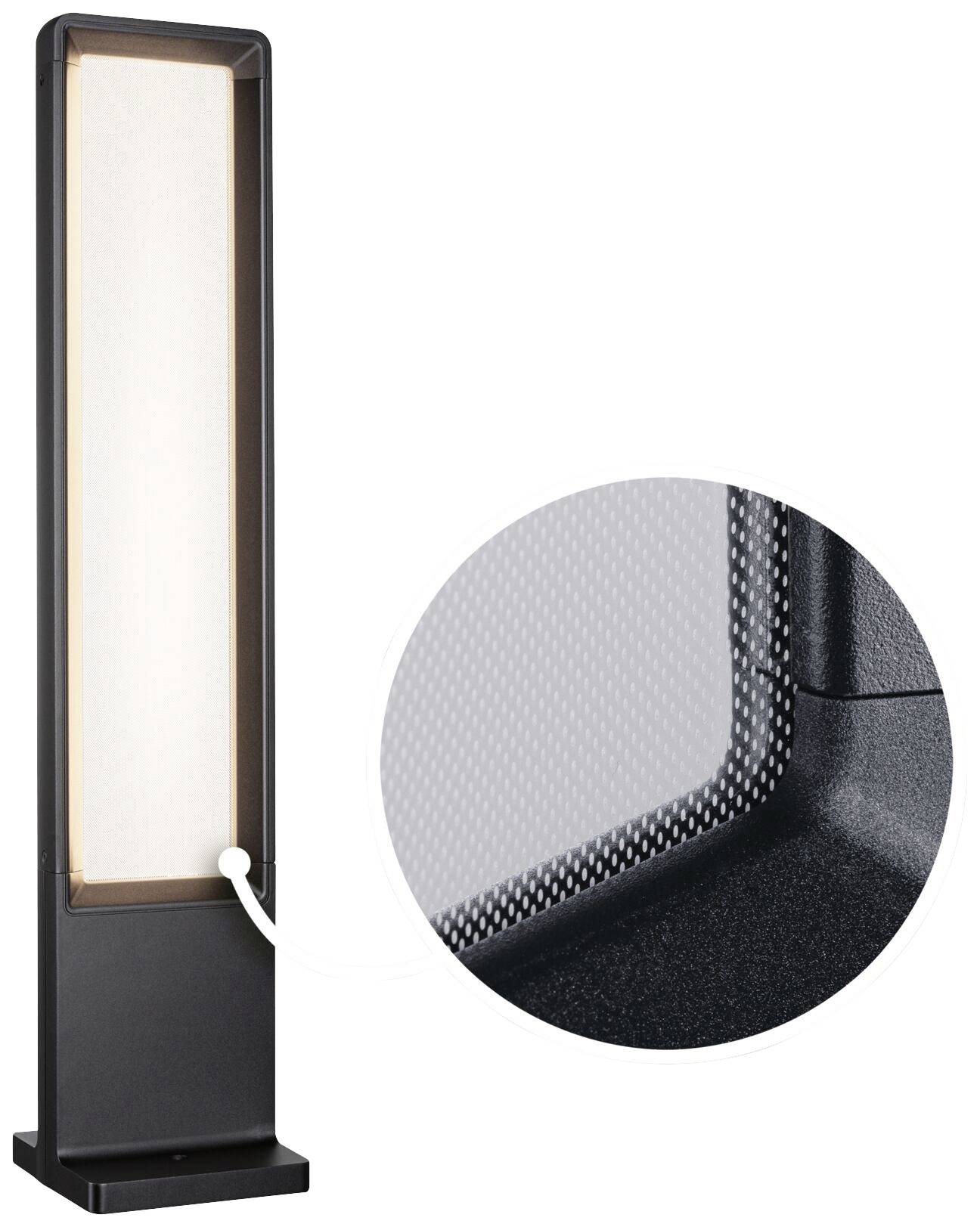 Stehende LED-Lichtleiste mit rechteckigem, schwarzem Rahmen. Vergrößerte Detailansicht zeigt feine Textur der Lichtfläche.