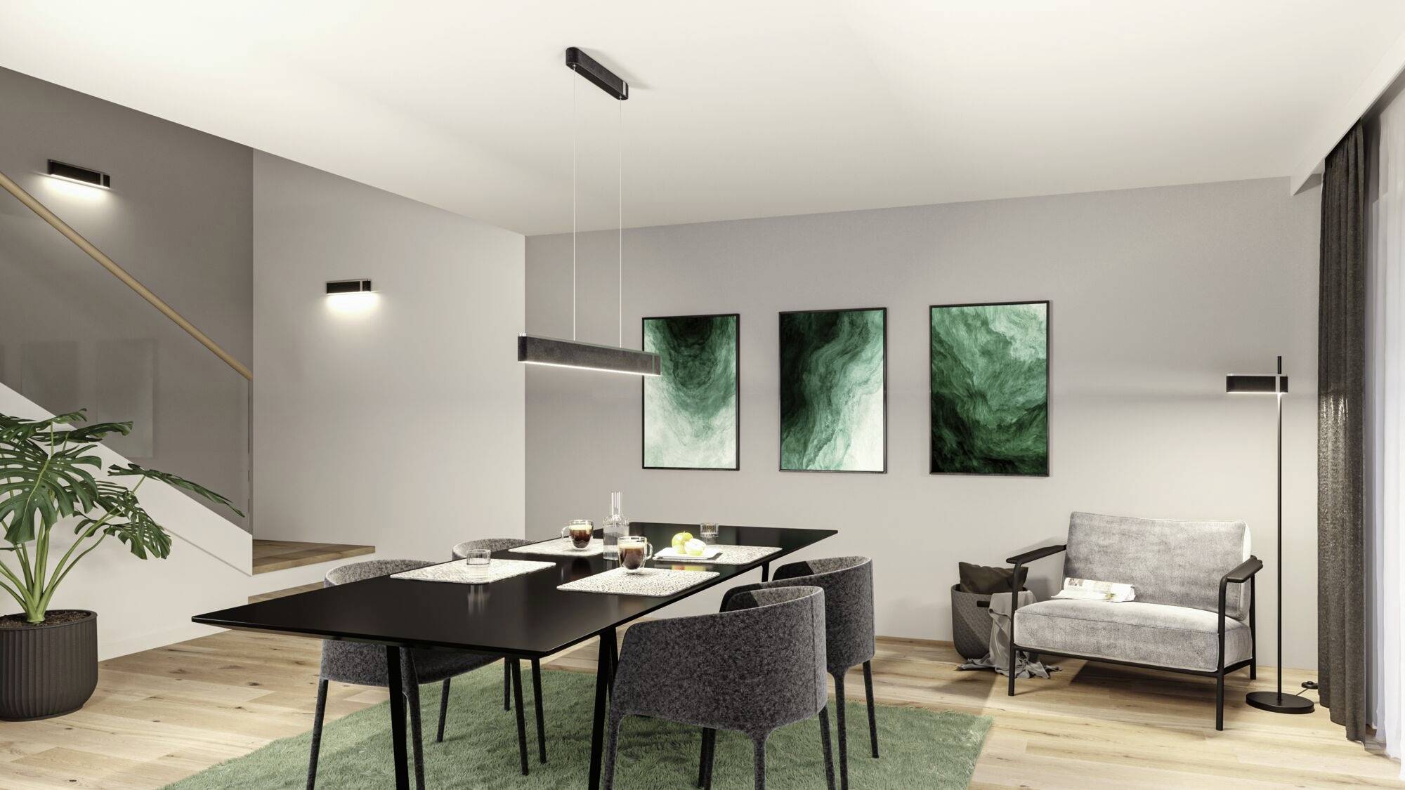 Esszimmer mit modernem Design: schwarzer Tisch, vier graue Stühle, drei grüne Wandbilder, Pflanze, Treppe und Sessel im Hintergrund.