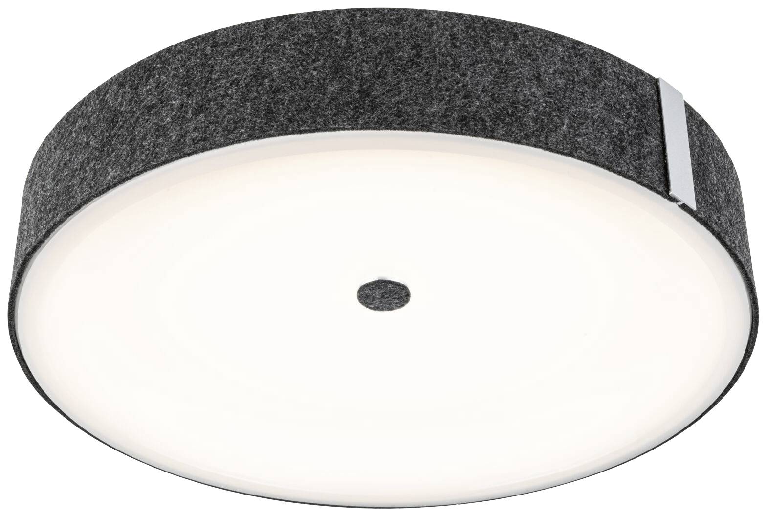 Runde, moderne Deckenleuchte mit schwarzem Rand und weißer, gleichmäßiger Beleuchtung in der Mitte. Ideal für Wohn- oder Büroräume.