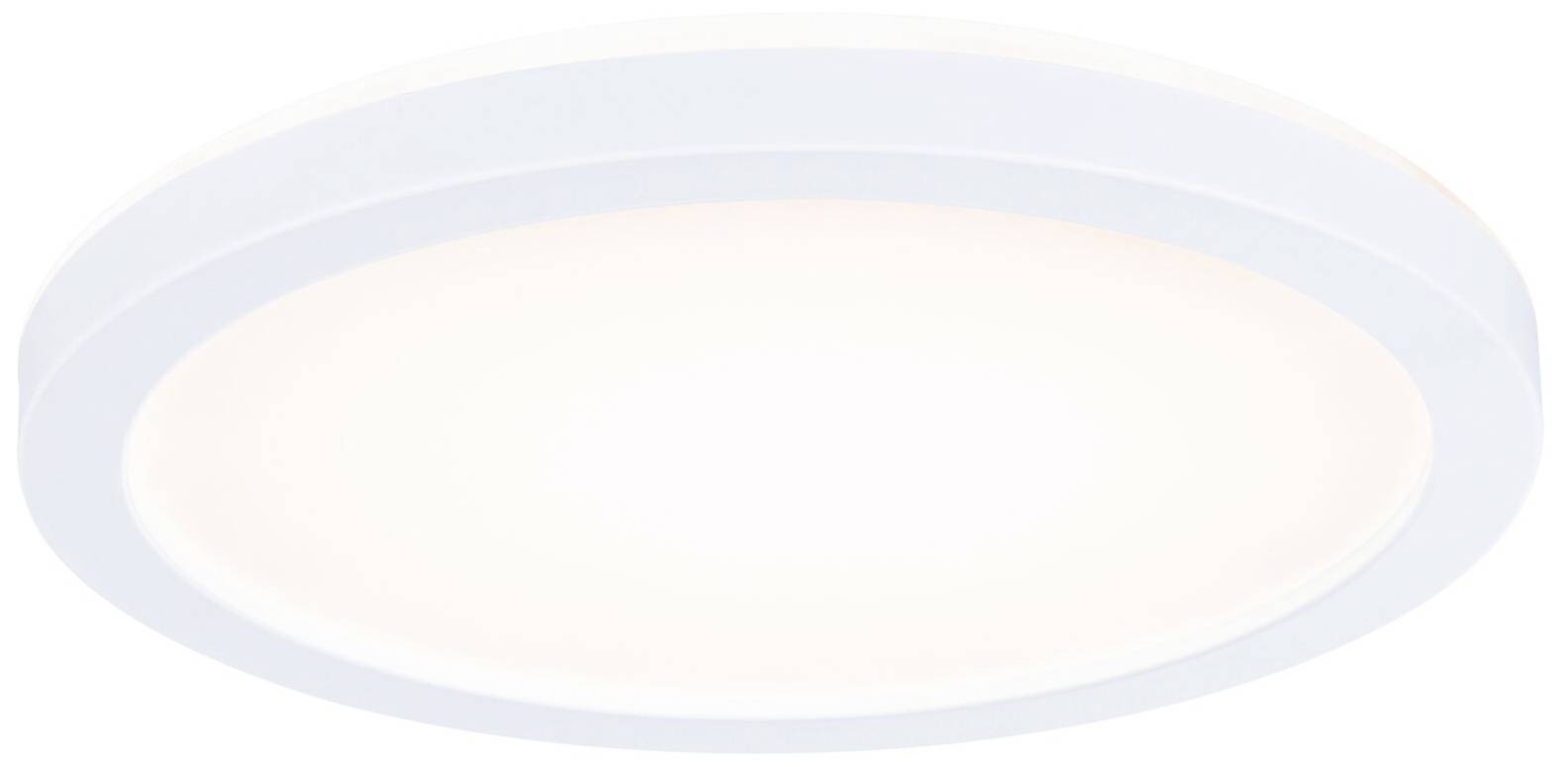 Weiße runde LED-Deckenleuchte mit eingebautem Leuchtmittel, strahlt diffuses Licht aus. Ideal für moderne Innenräume.