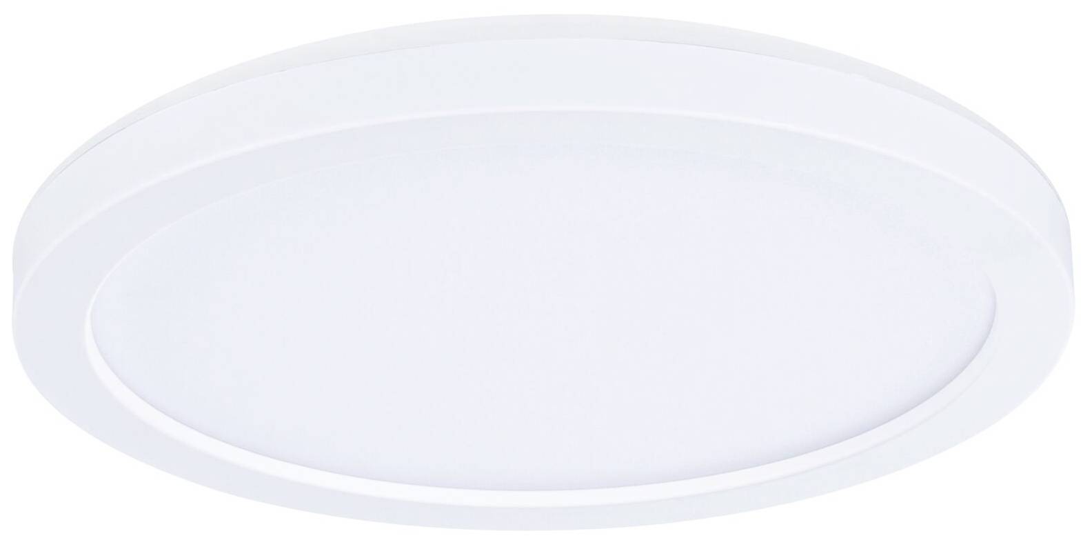 Eine runde, flache LED-Deckenleuchte in Weiß mit schlichtem, modernem Design. Geeignet für Innenräume, bietet gleichmäßige Beleuchtung.